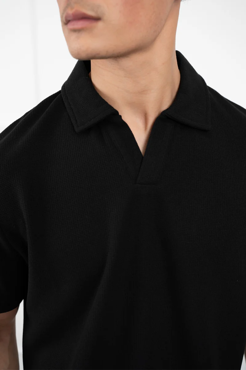 Waffle Boxy Open Neck Polo - Black - Image 5