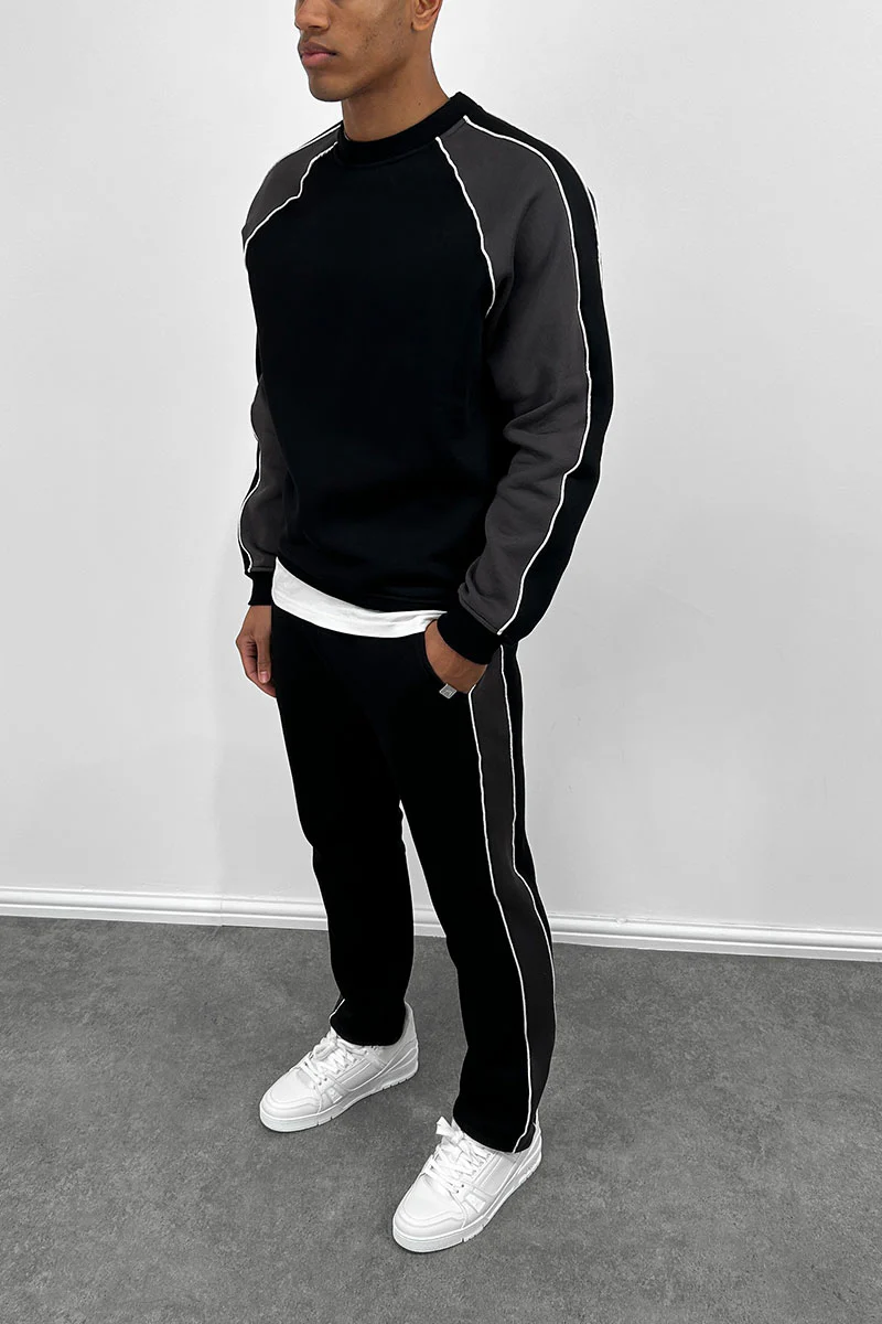 Panelled Piping Straight Leg Joggers - Black - Image 3