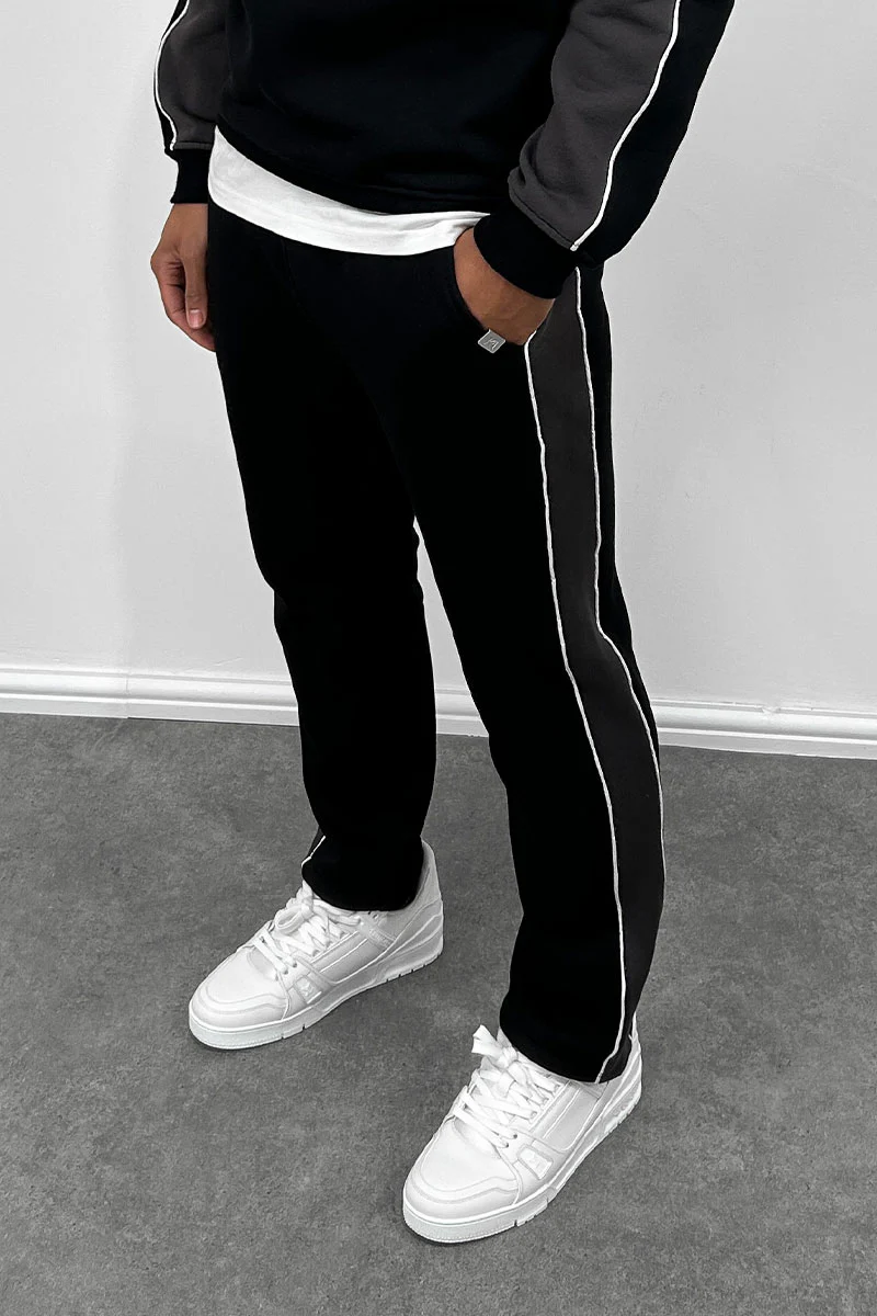 Panelled Piping Straight Leg Joggers - Black - Image 4