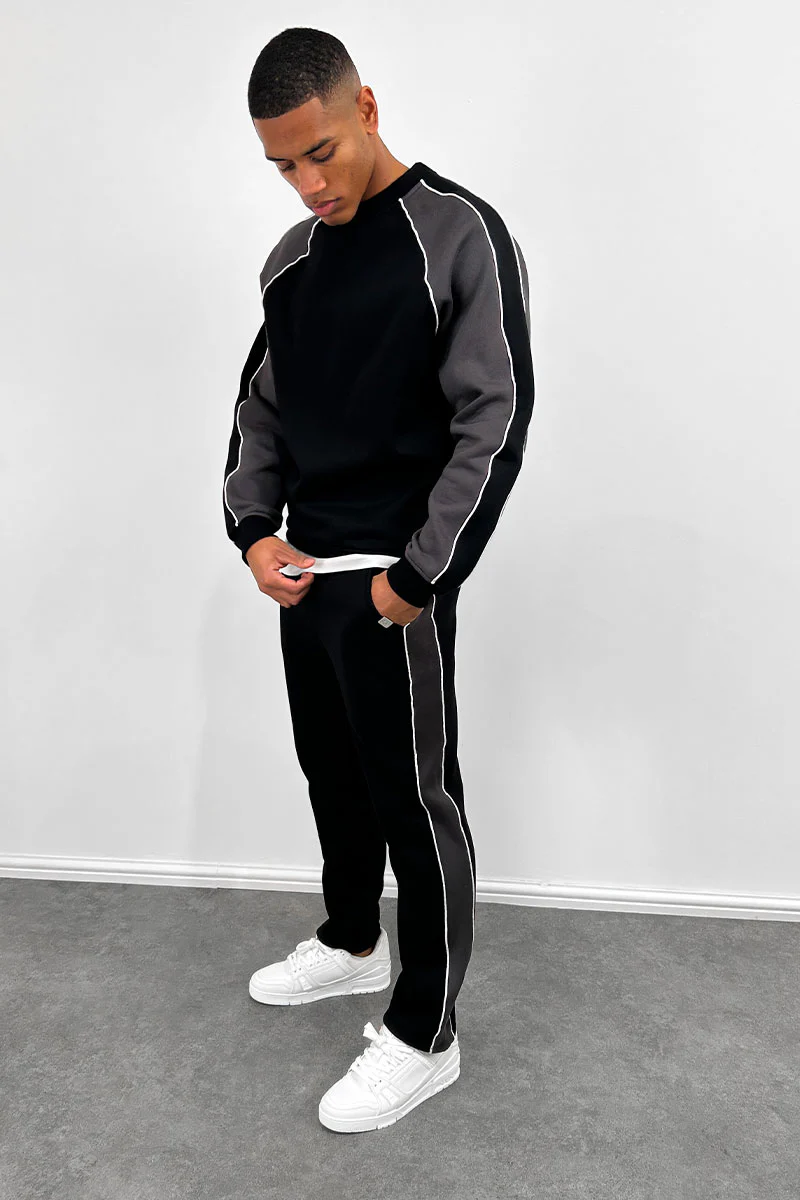 Panelled Piping Straight Leg Joggers - Black - Image 5