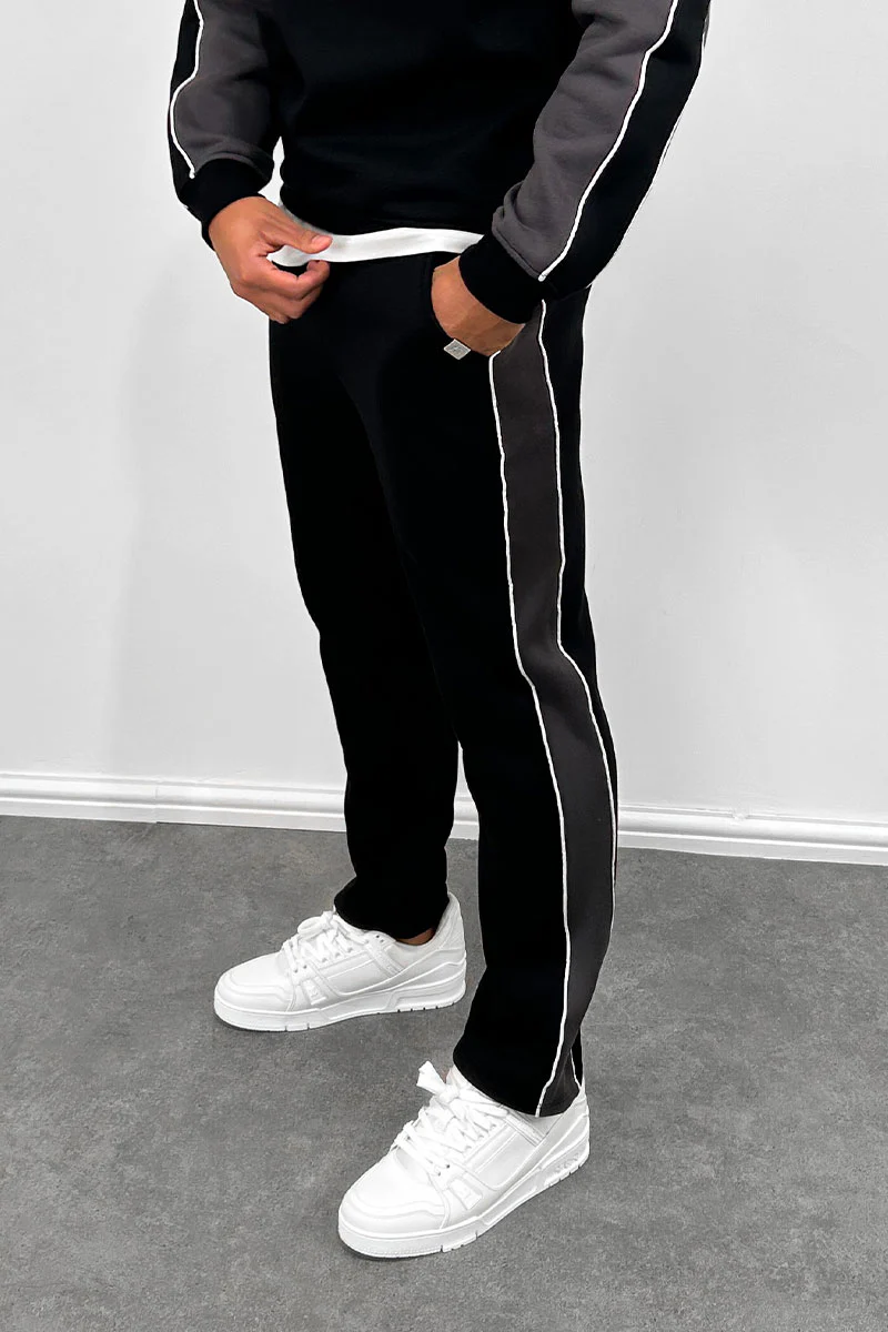 Panelled Piping Straight Leg Joggers - Black - Image 6