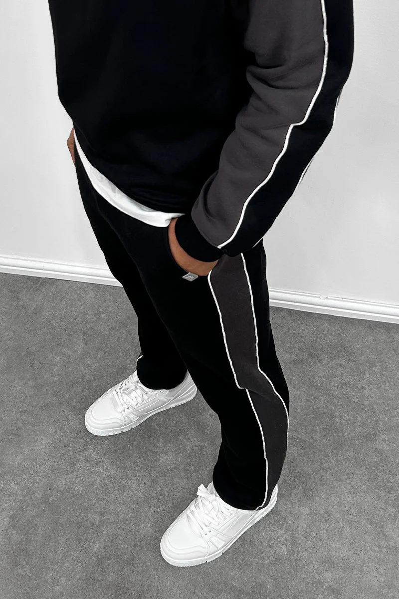 Panelled Piping Straight Leg Joggers - Black - Image 7