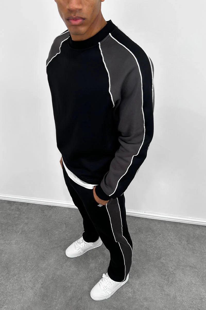 Panelled Piping Straight Leg Joggers - Black - Image 8