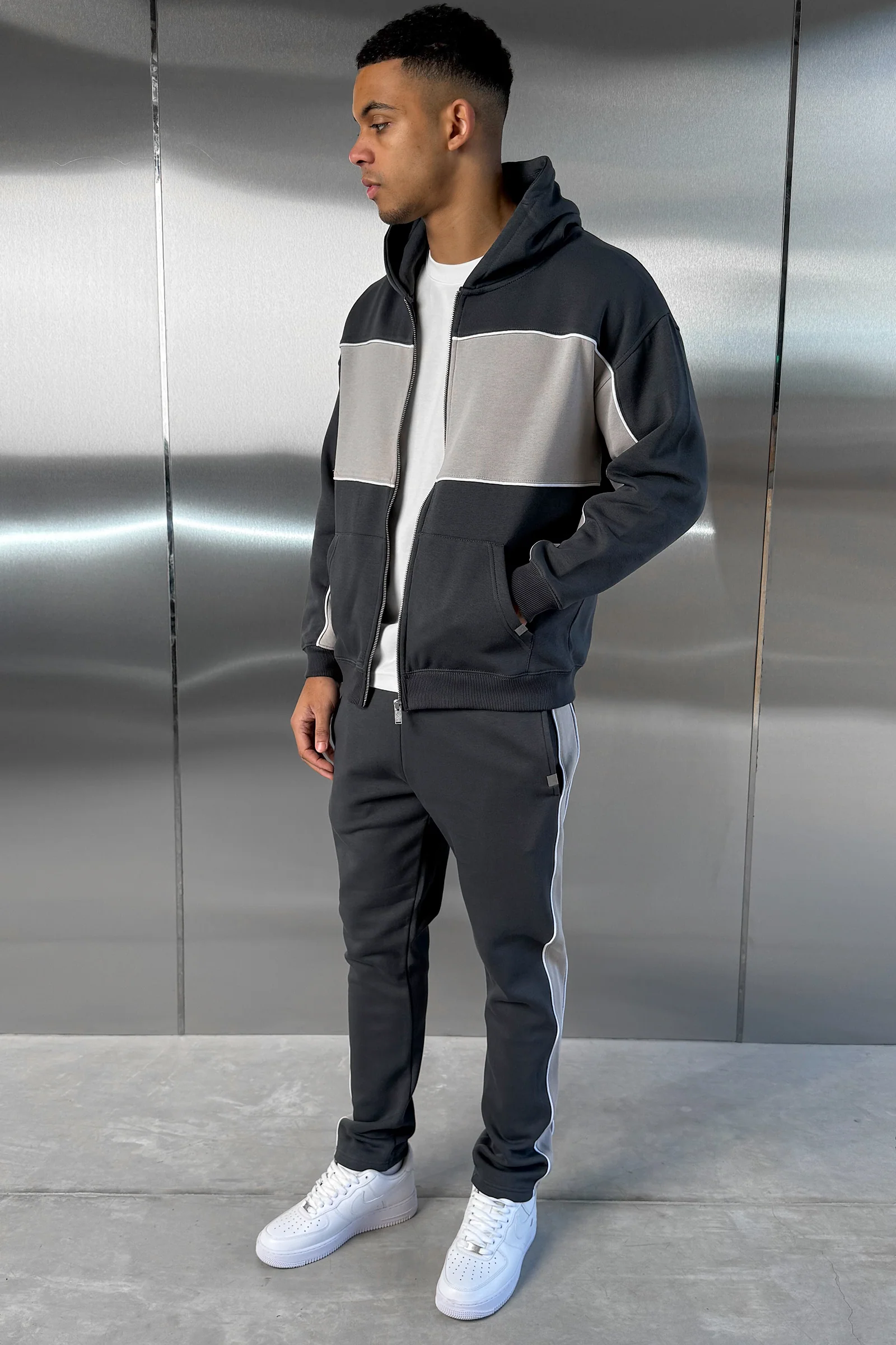 Panelled Relaxed Zip Through Hoodie - Charcoal - Image 10