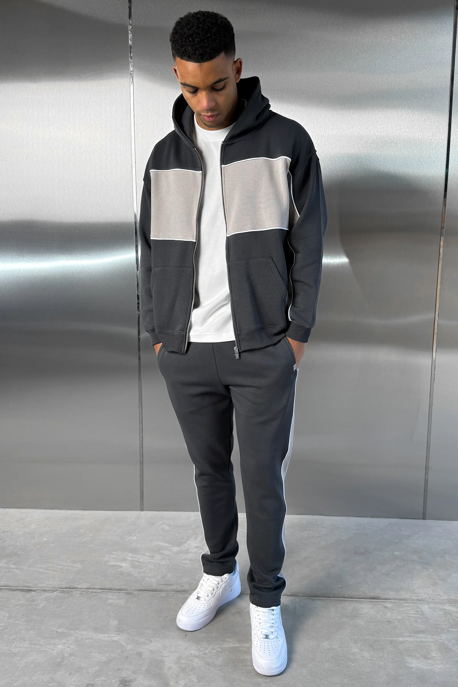 Panelled Relaxed Zip Through Hoodie - Charcoal - Image 4