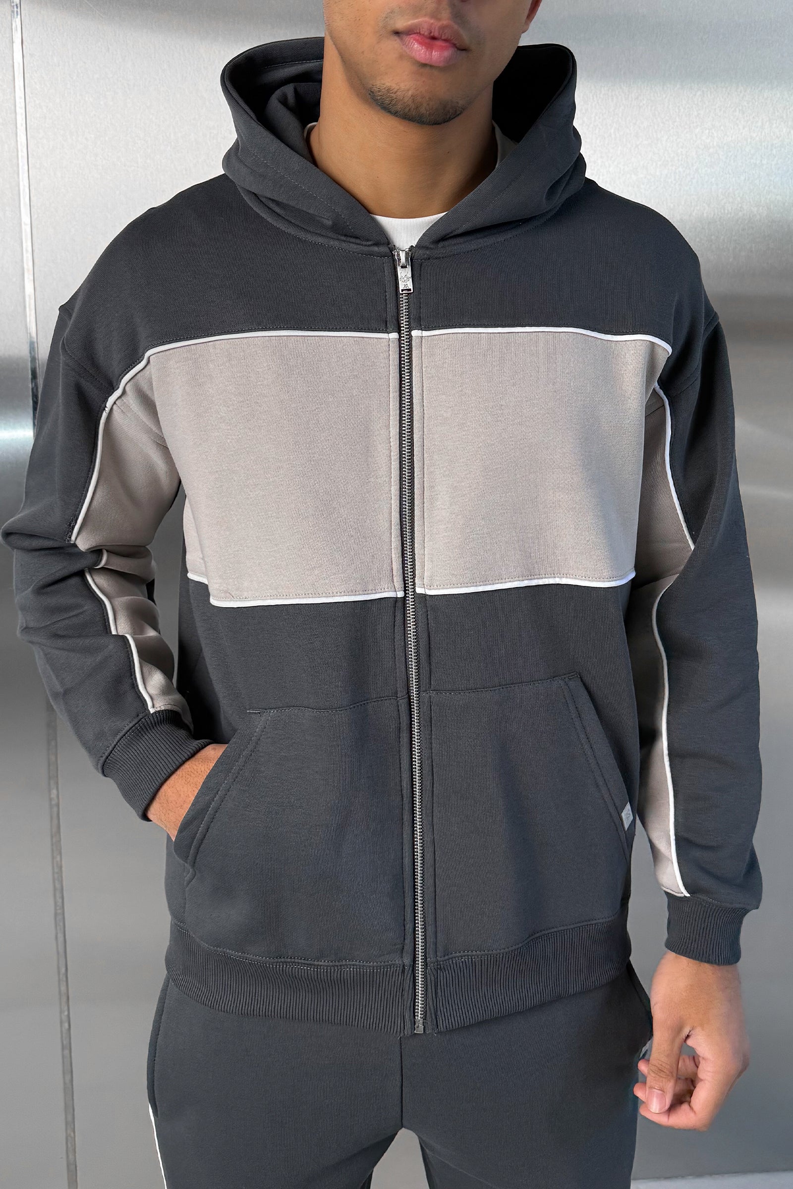 Panelled Relaxed Zip Through Hoodie - Charcoal - Image 9