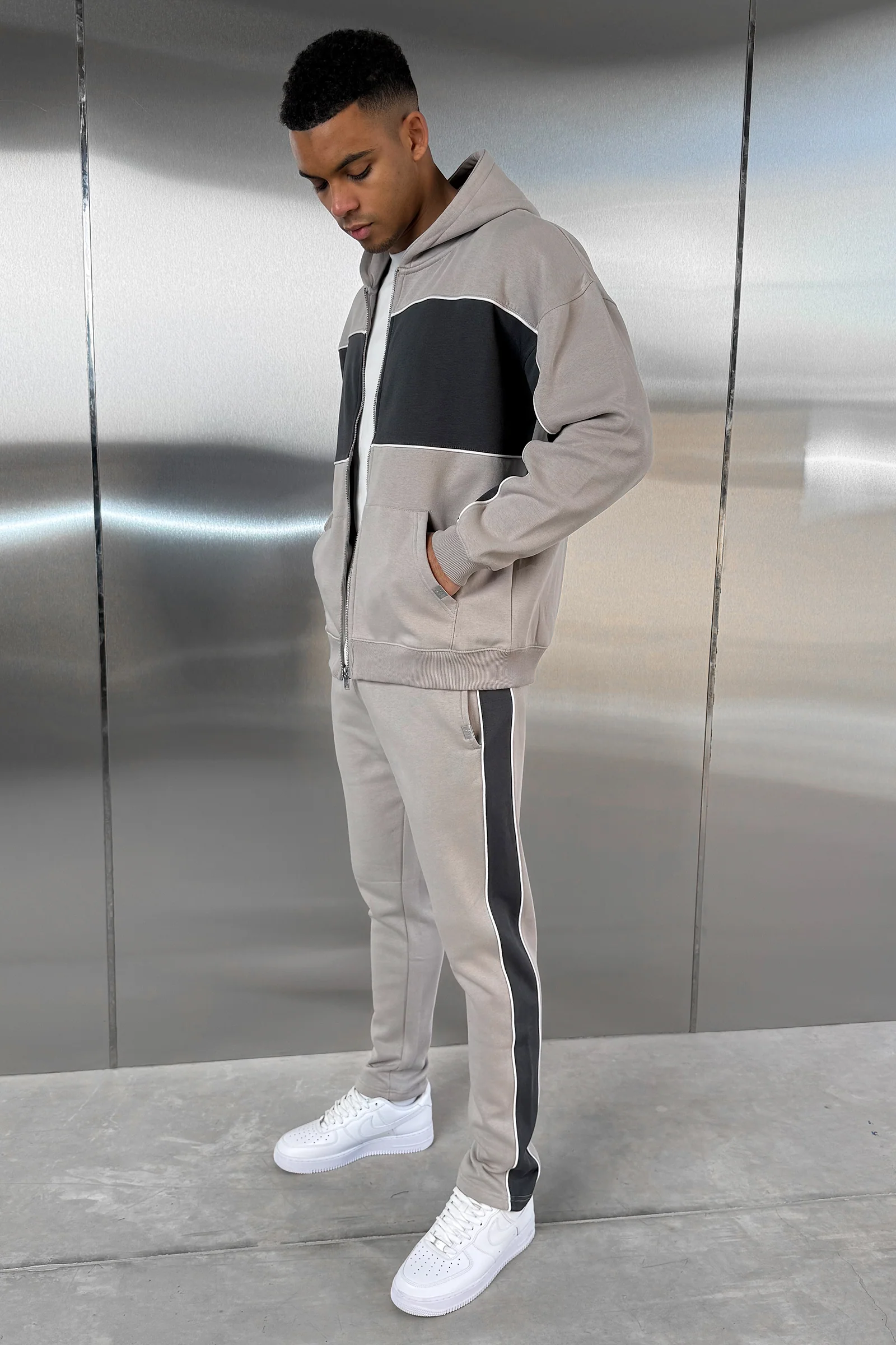 Panelled Relaxed Zip Through Hoodie - Grey - Image 3
