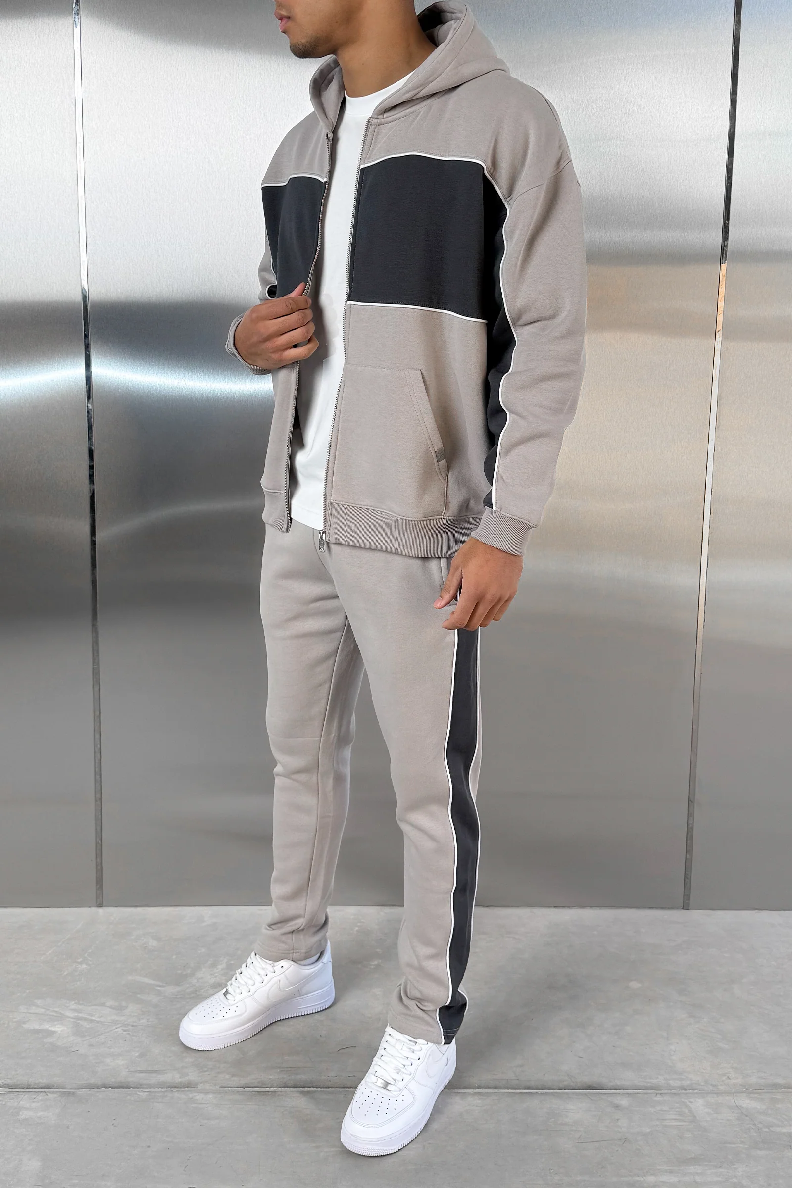 Panelled Relaxed Zip Through Hoodie - Grey - Image 5