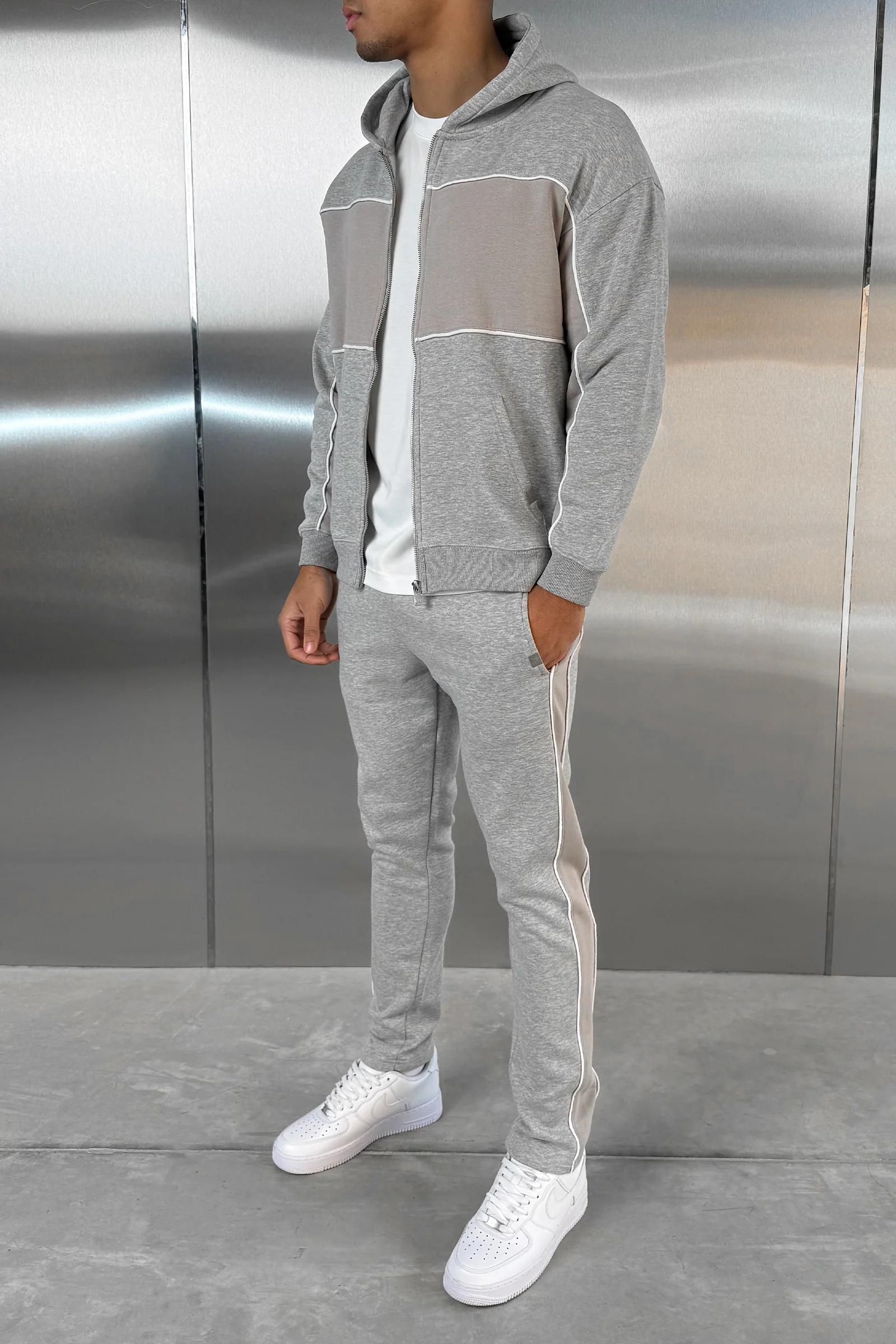 Panelled Relaxed Zip Through Hoodie - Grey Marl - Image 10