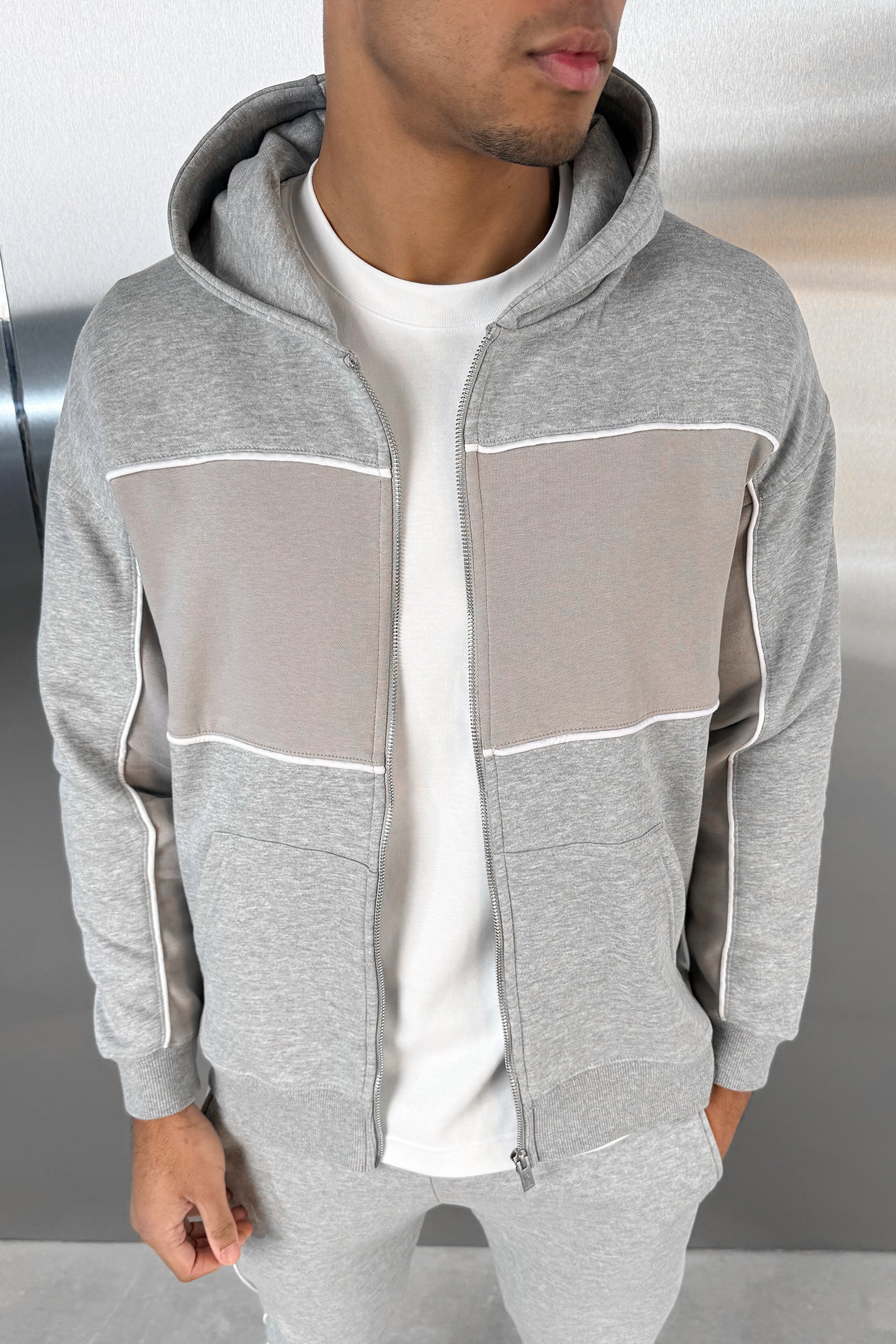 Panelled Relaxed Zip Through Hoodie - Grey Marl - Image 11