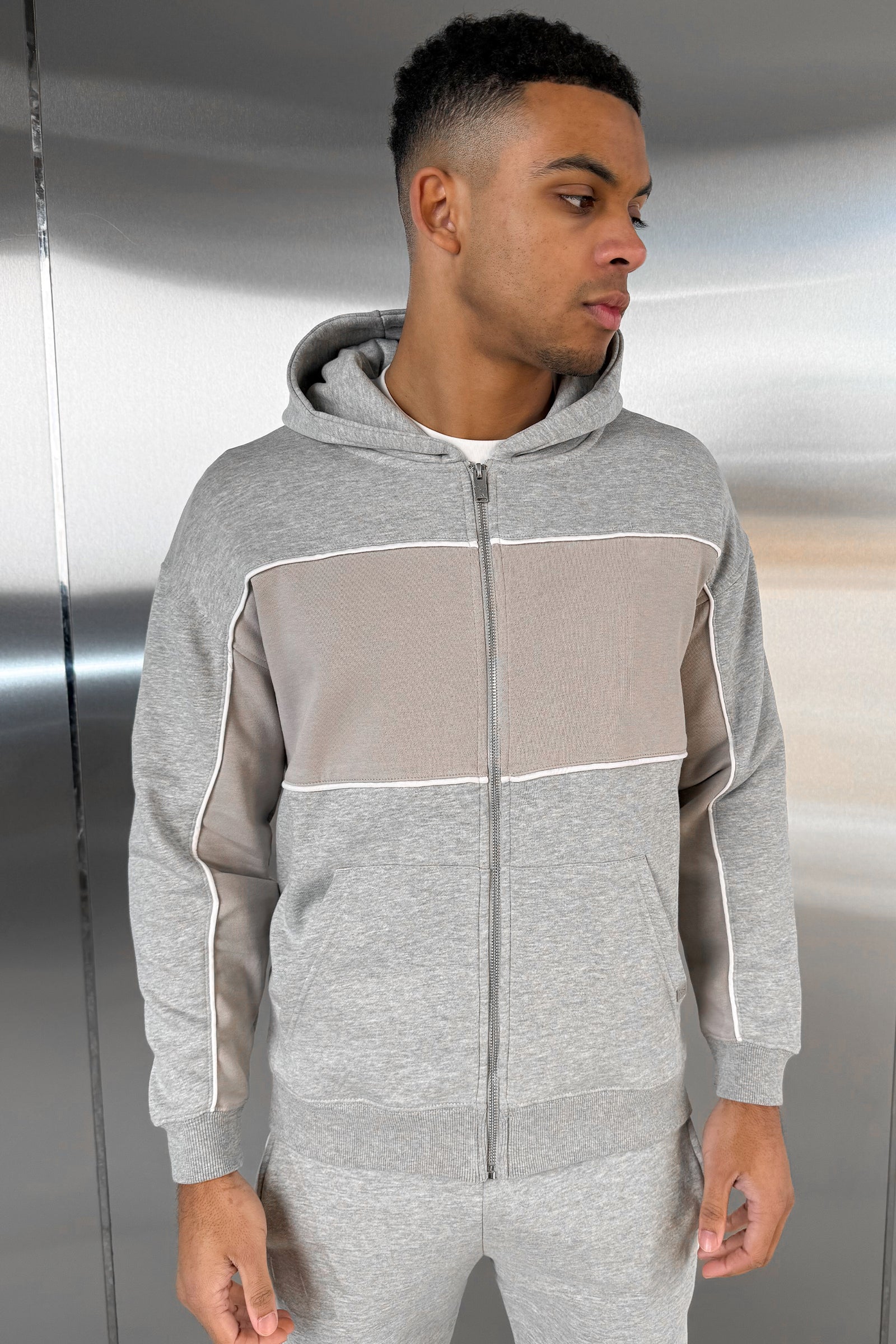 Panelled Relaxed Zip Through Hoodie - Grey Marl - Image 12