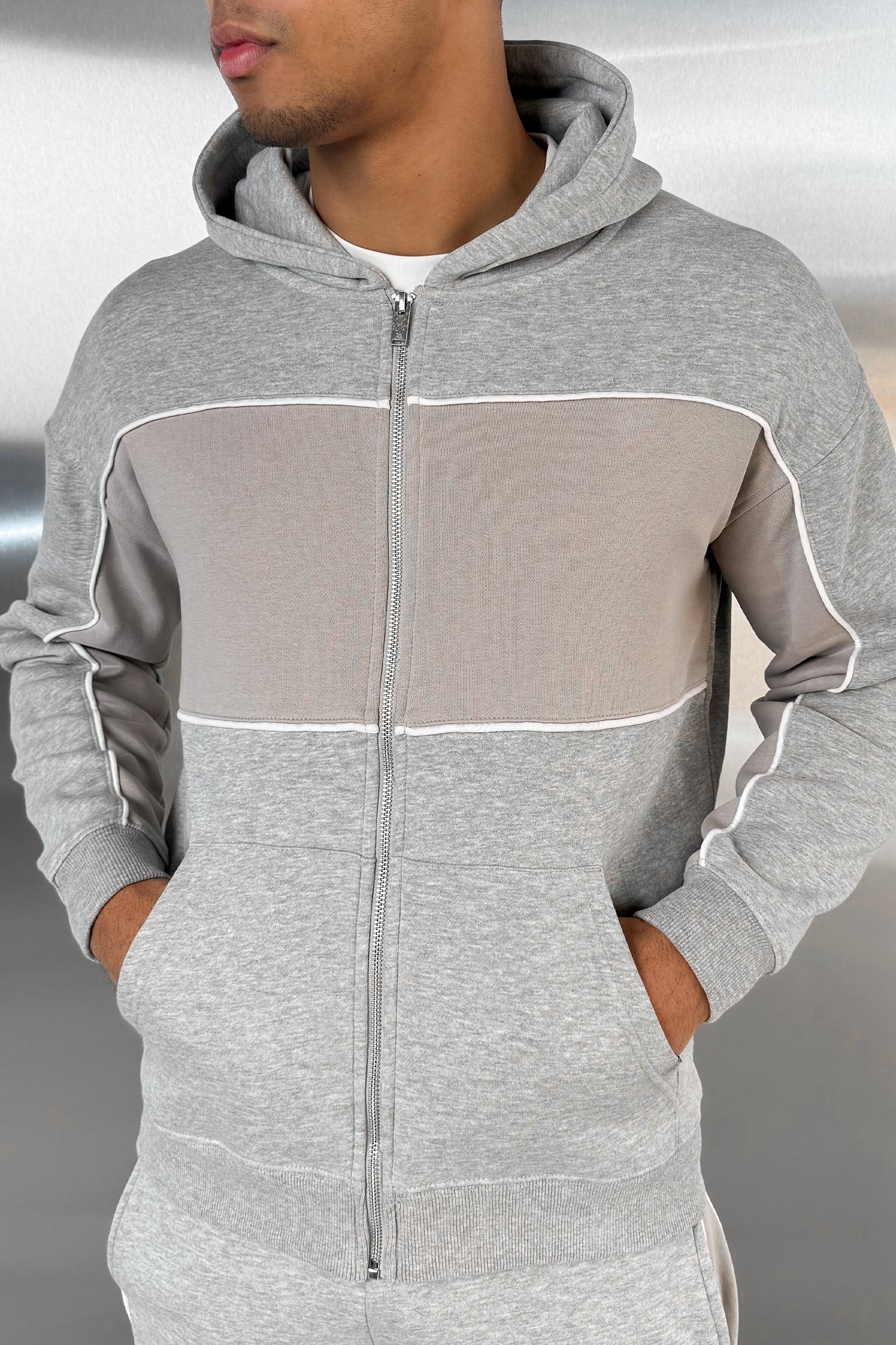Panelled Relaxed Zip Through Hoodie - Grey Marl - Image 13