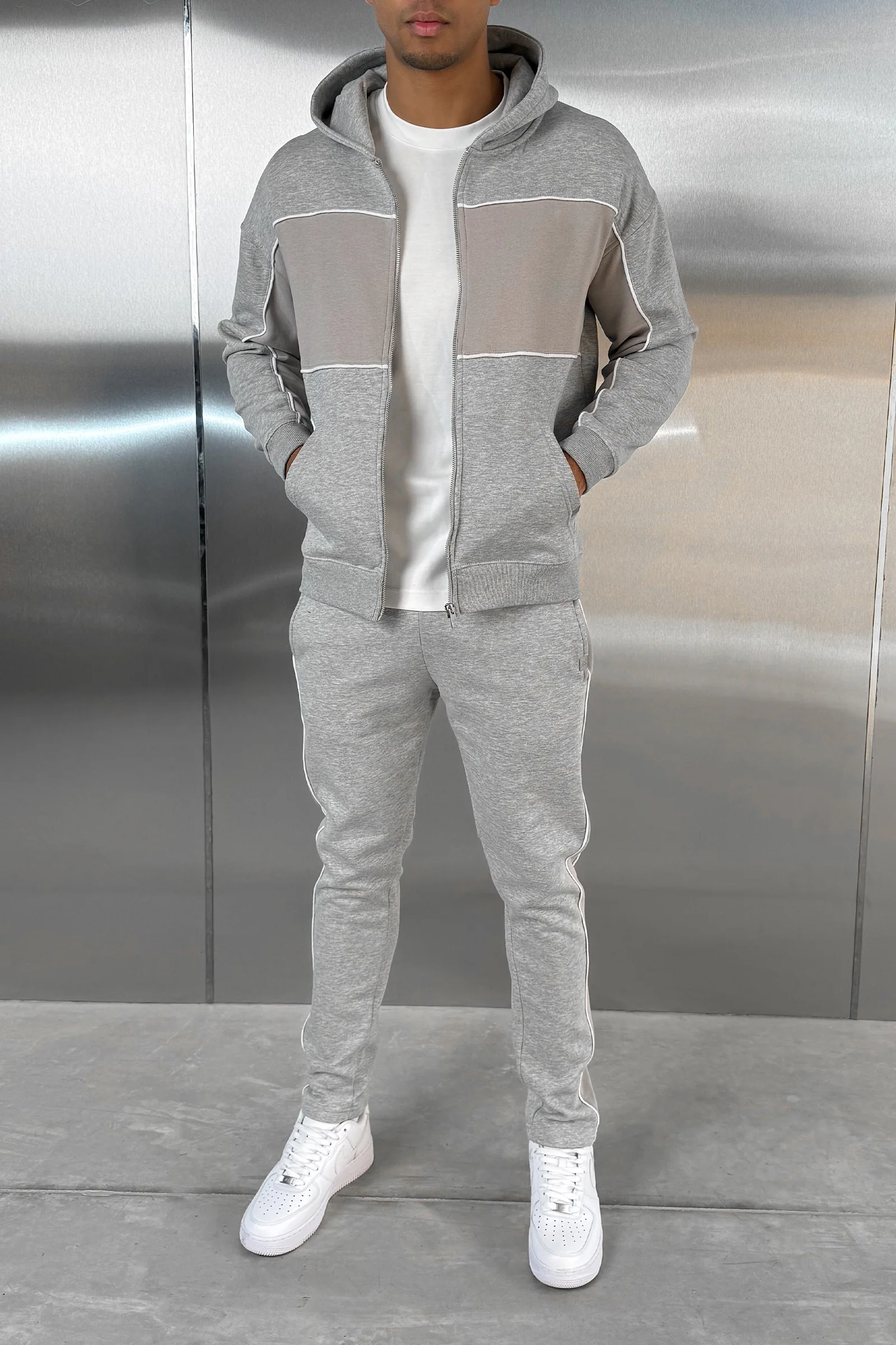 Panelled Relaxed Zip Through Hoodie - Grey Marl - Image 3