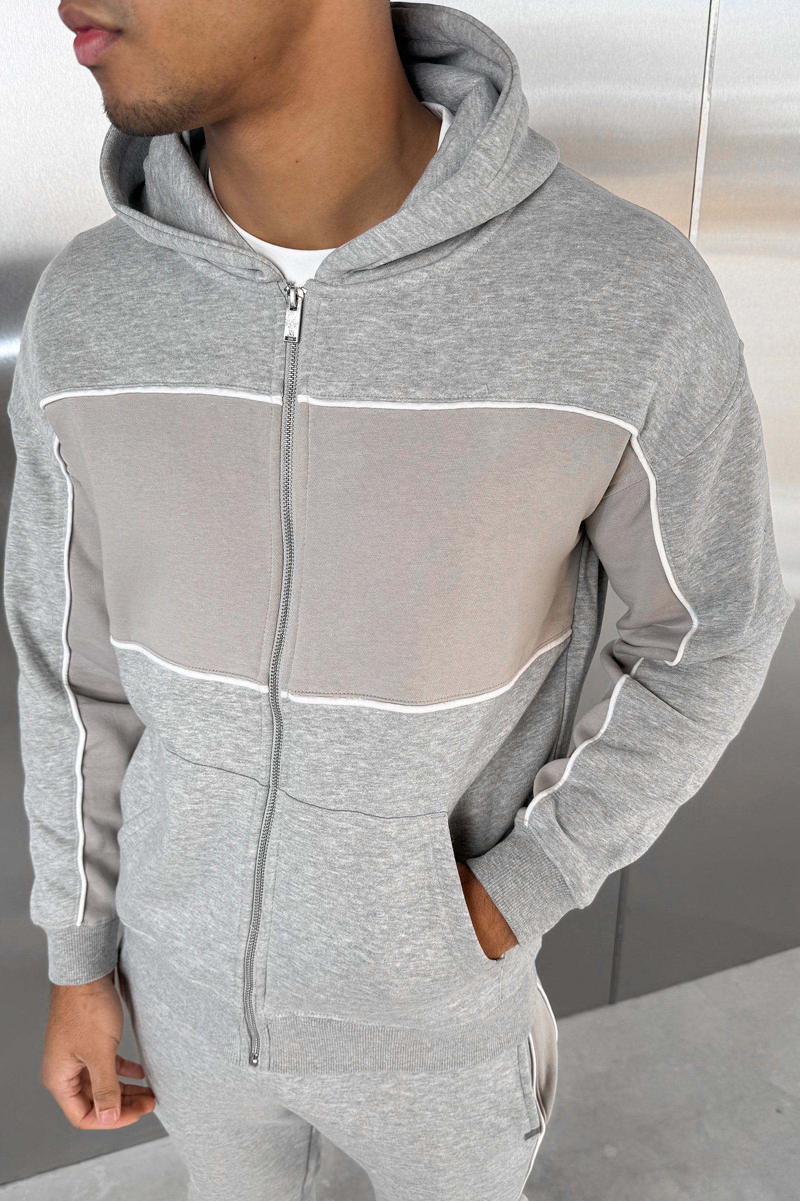 Panelled Relaxed Zip Through Hoodie - Grey Marl - Image 5