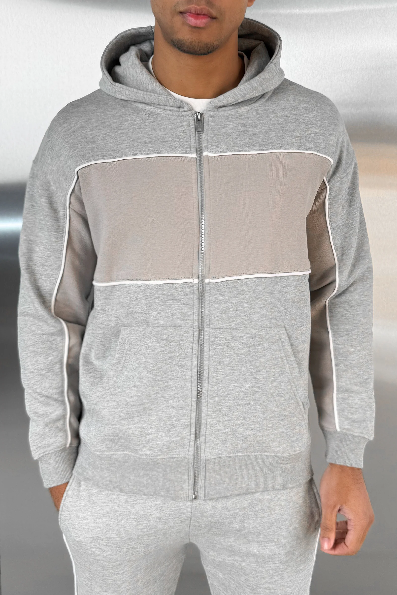 Panelled Relaxed Zip Through Hoodie - Grey Marl - Image 6