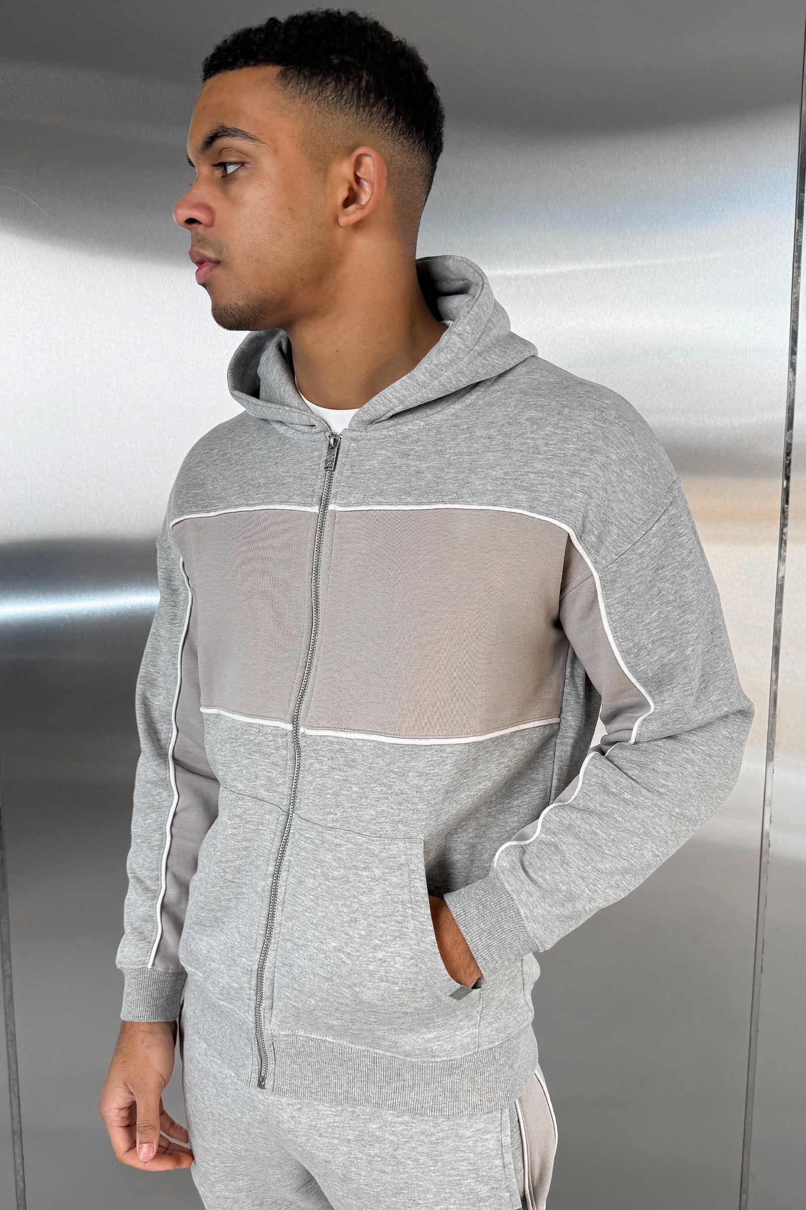 Panelled Relaxed Zip Through Hoodie - Grey Marl - Image 8