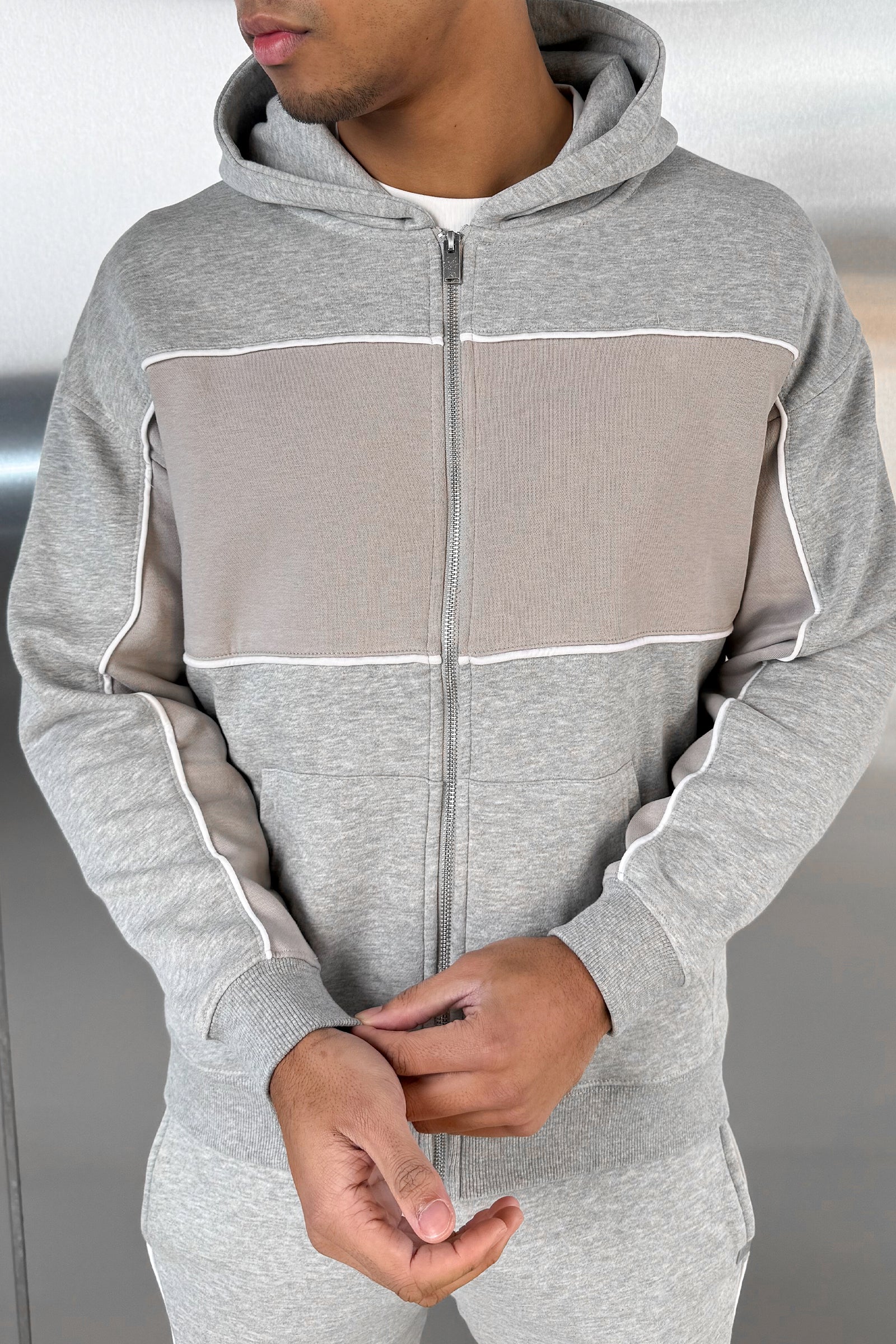 Panelled Relaxed Zip Through Hoodie - Grey Marl - Image 9
