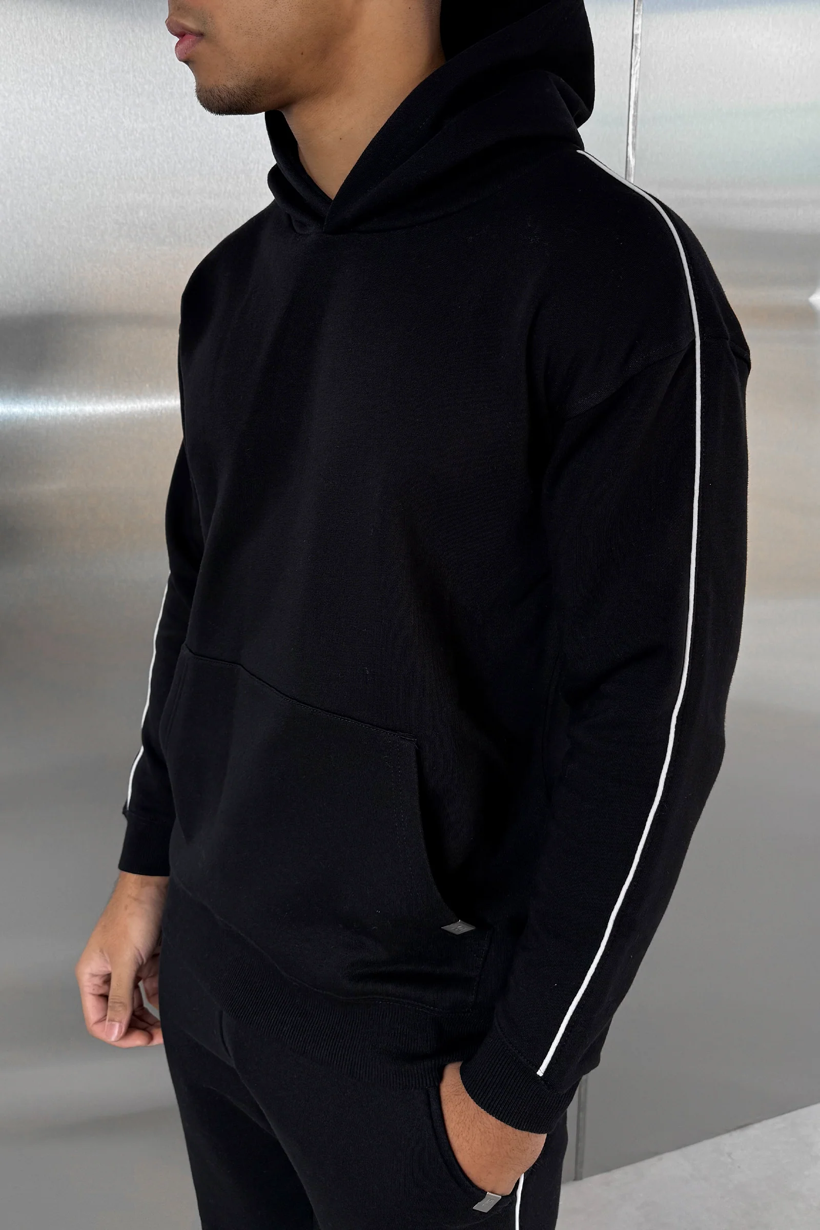 Piping Detail Hoodie - Black - Image 13