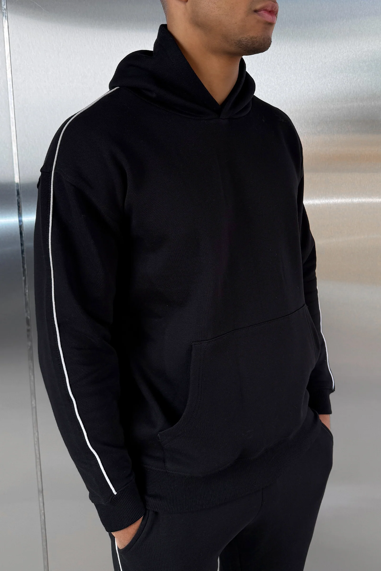 Piping Detail Hoodie - Black - Image 3