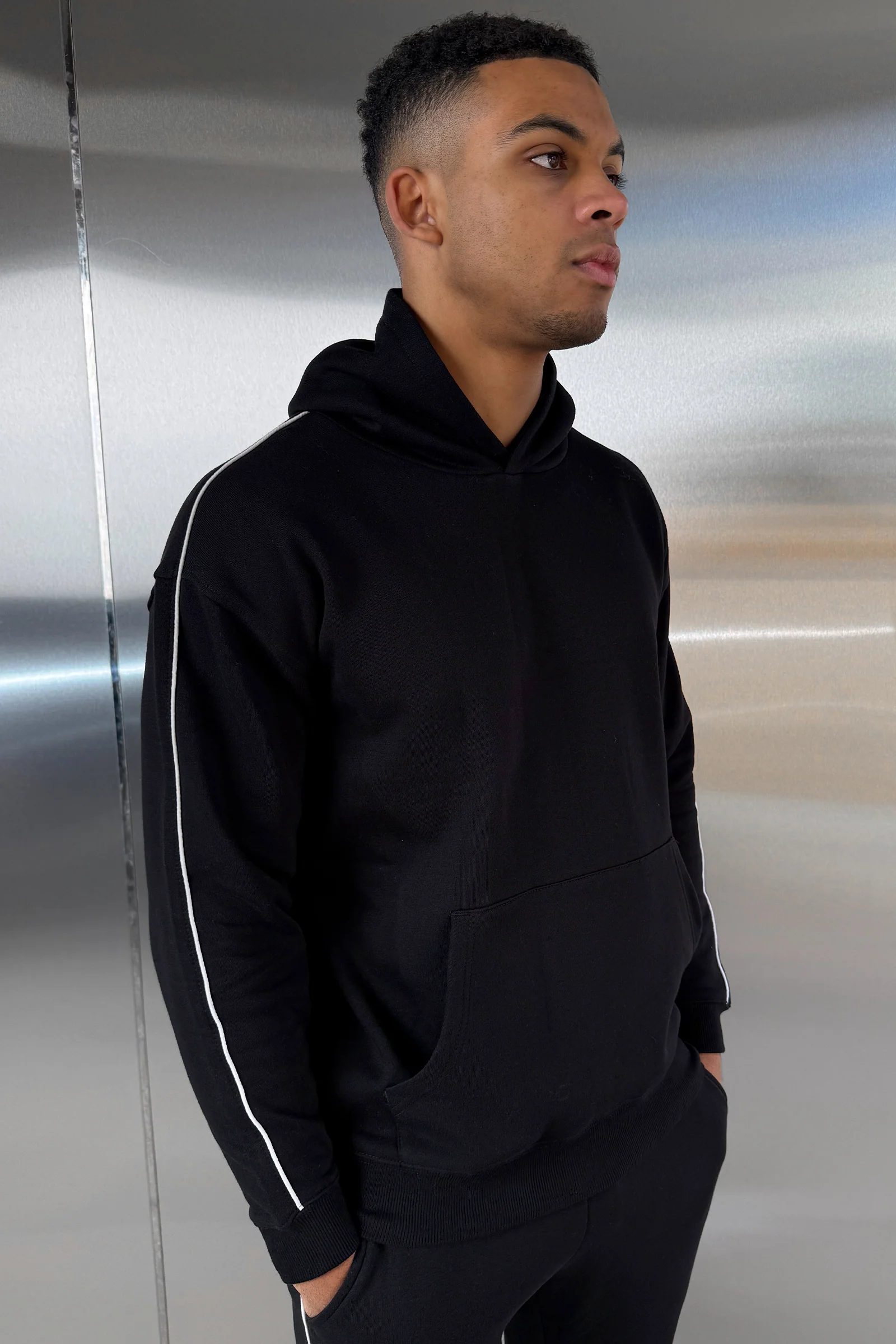 Piping Detail Hoodie - Black - Image 5