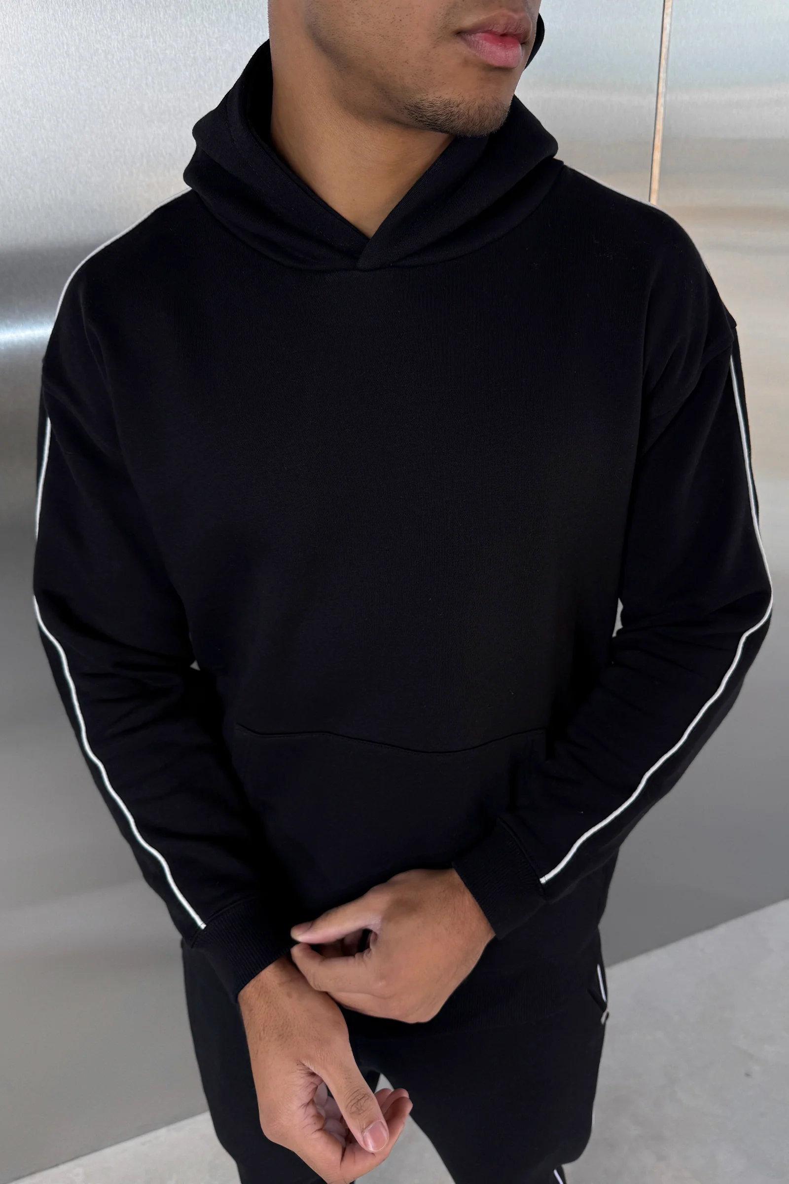 Piping Detail Hoodie - Black - Image 9