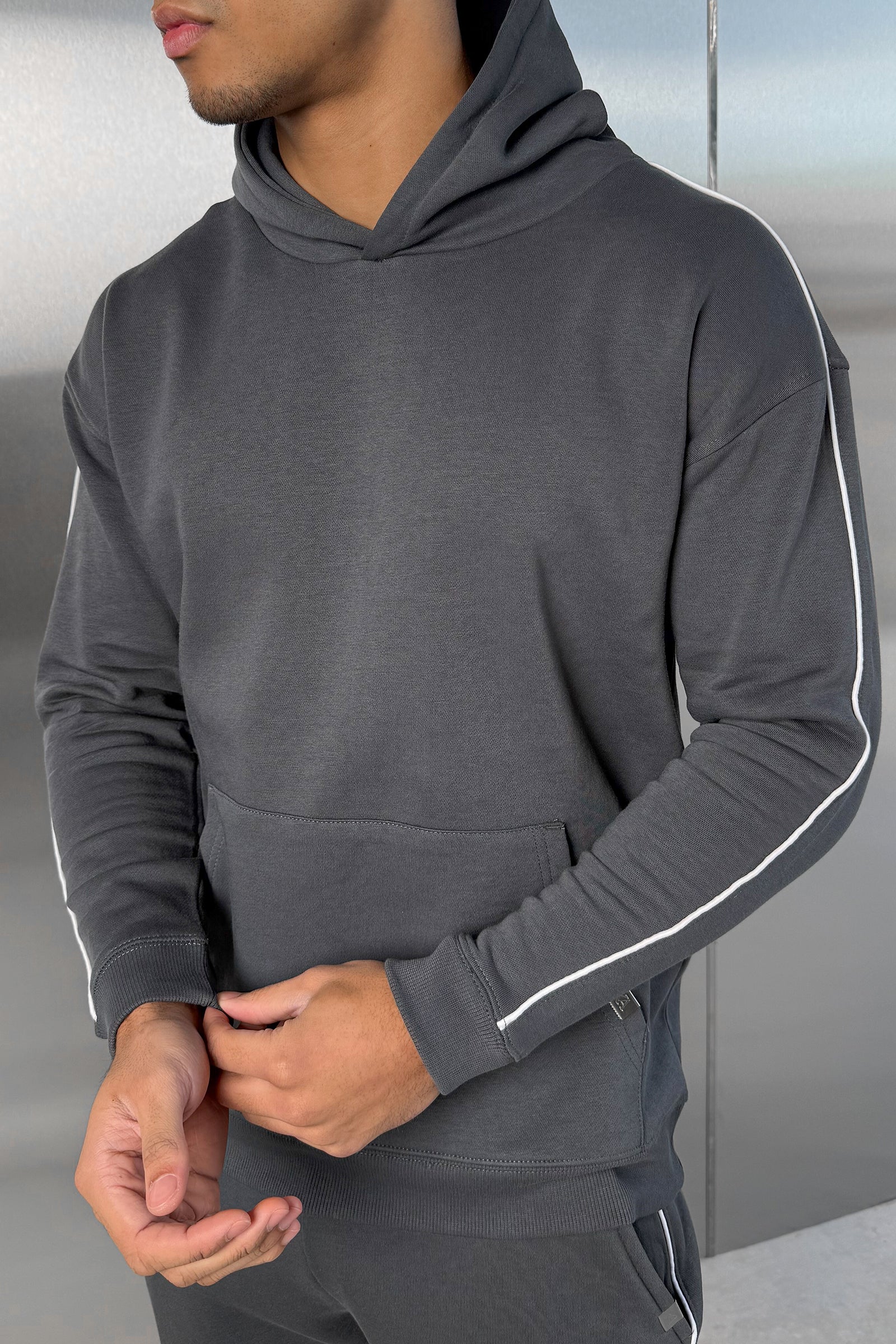 Piping Detail Hoodie - Charcoal - Image 11
