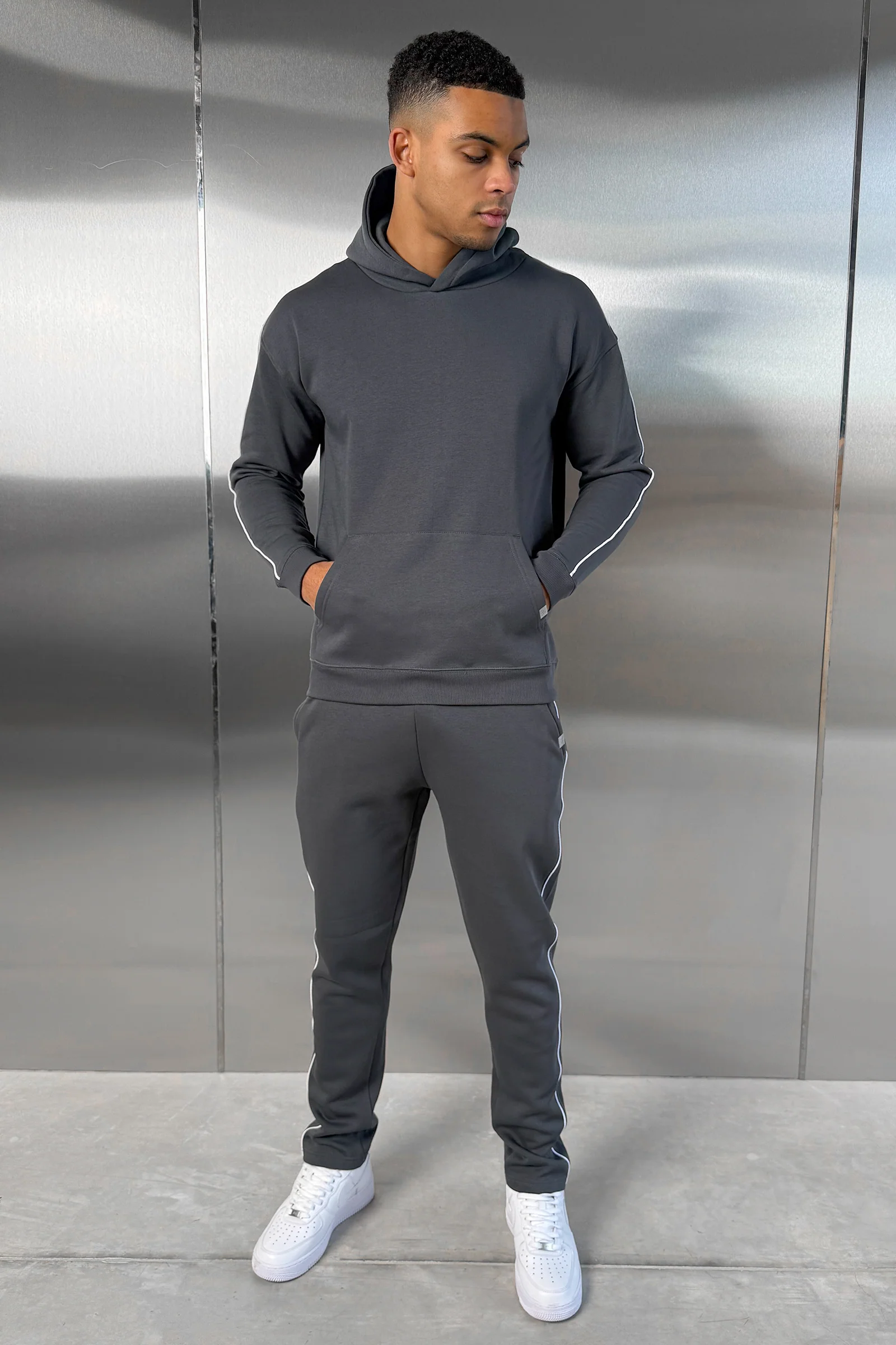 Piping Detail Hoodie - Charcoal - Image 12