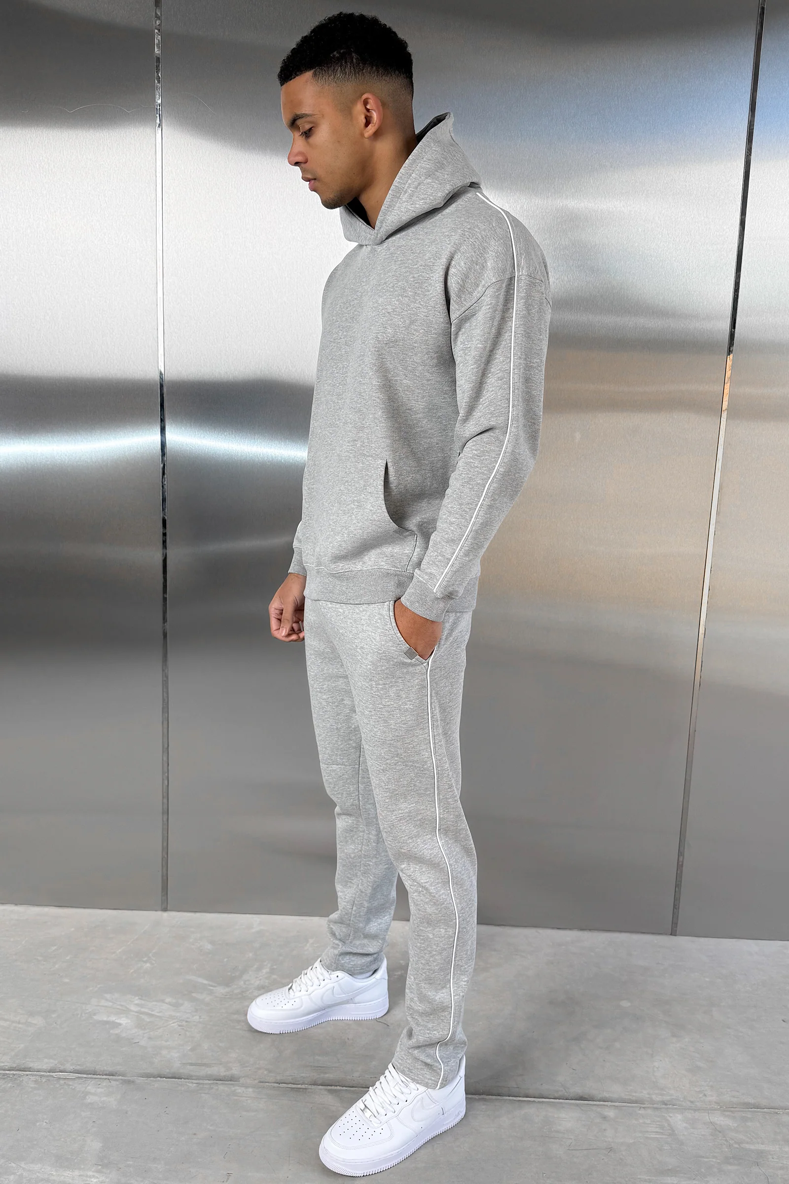 Piping Detail Hoodie - Grey Marl - Image 12