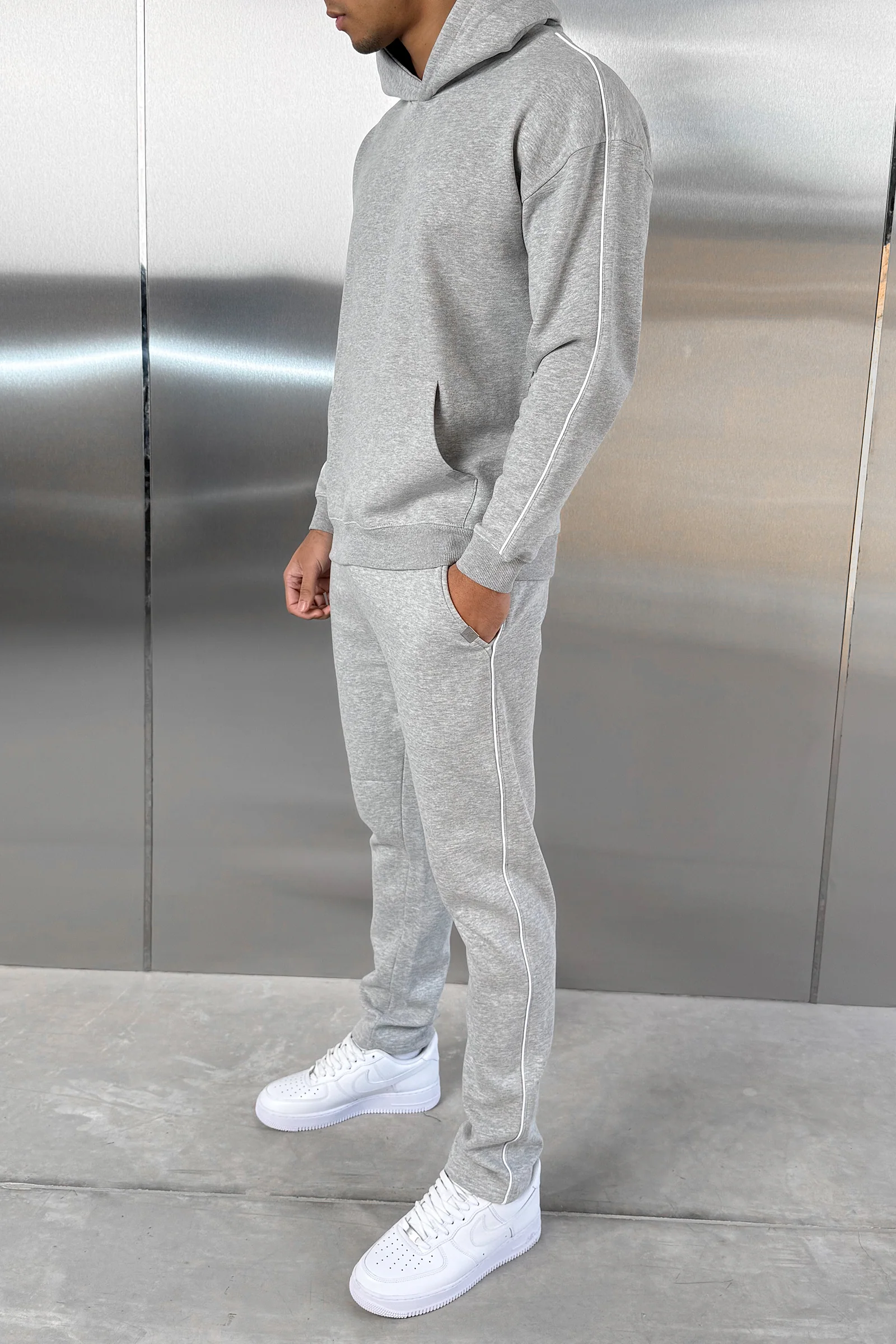 Piping Detail Hoodie - Grey Marl - Image 3