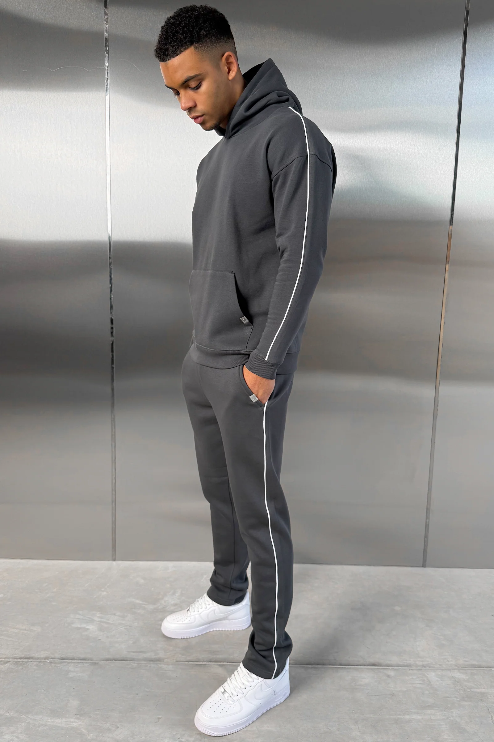 Piping Detail Straight Leg Jogger - Charcoal - Image 3