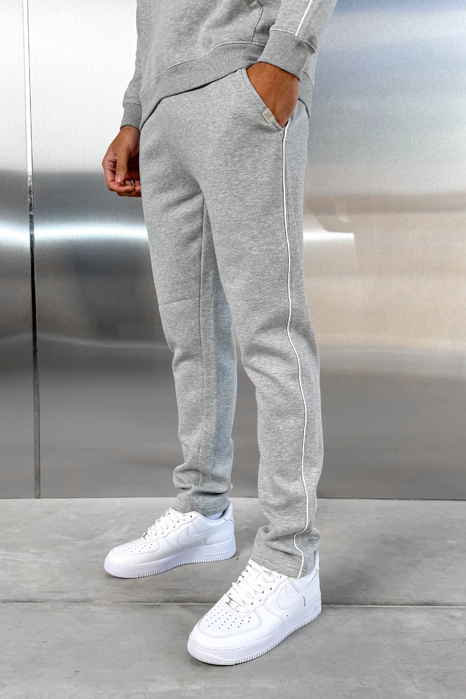 Piping Detail Straight Leg Jogger - Grey Marl - Image 5
