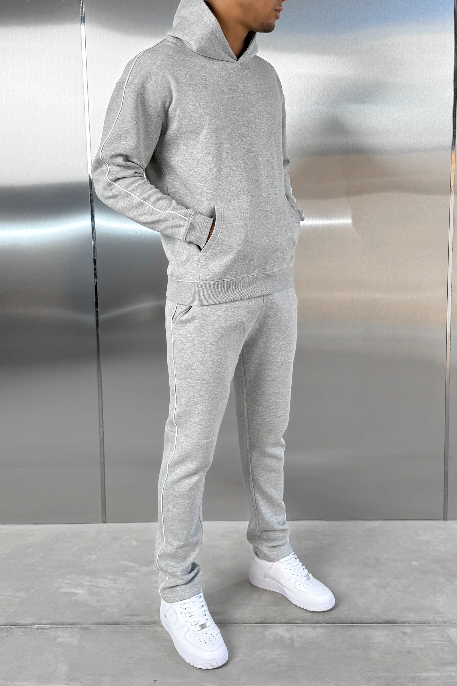 Piping Detail Straight Leg Jogger - Grey Marl - Image 8