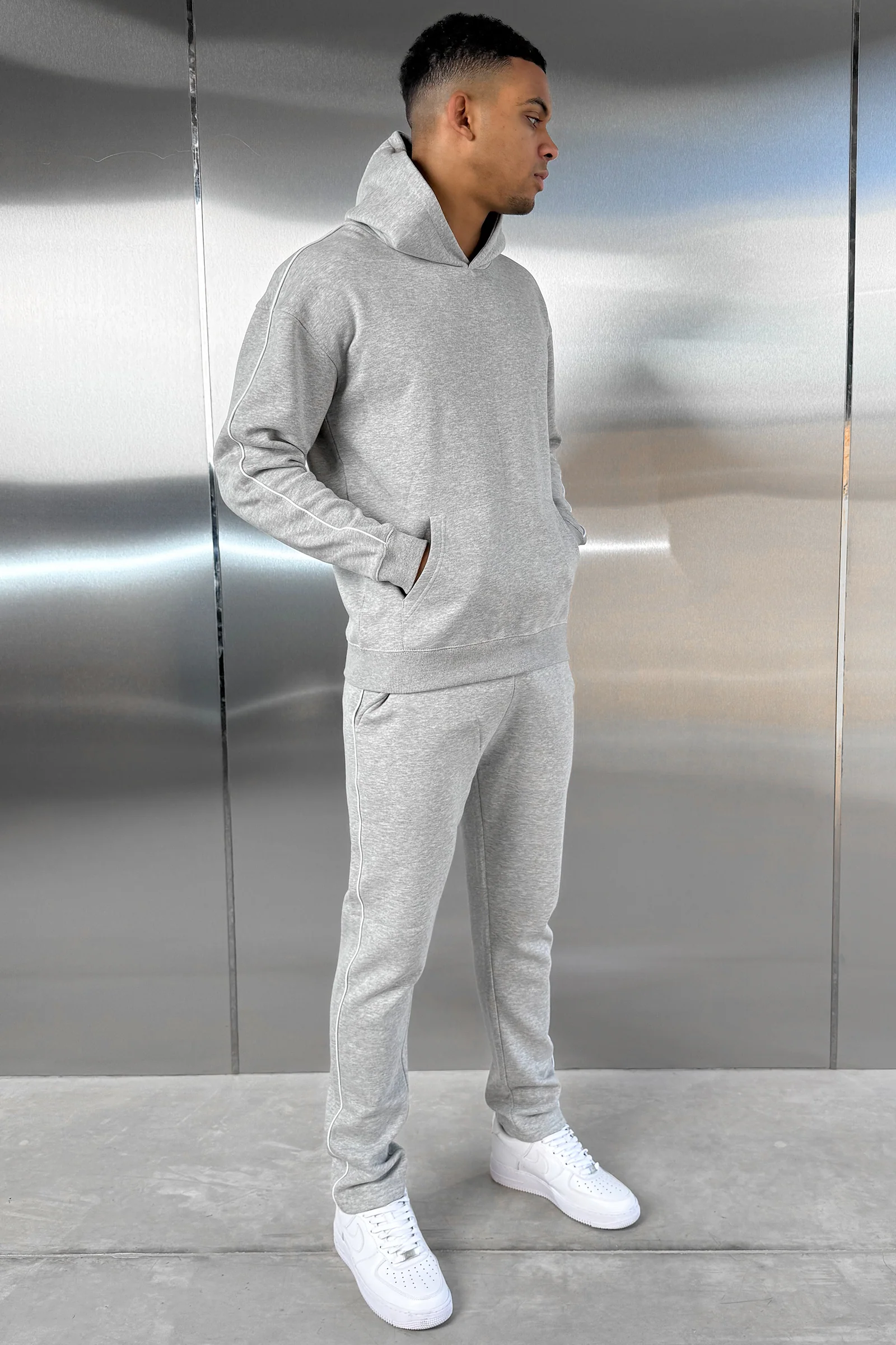 Piping Detail Straight Leg Jogger - Grey Marl - Image 9