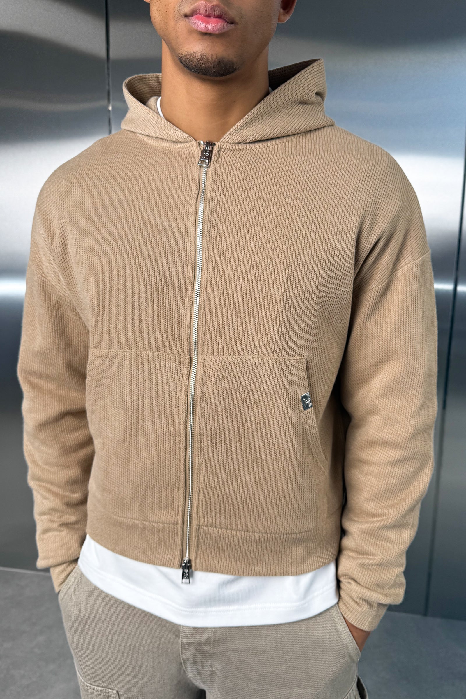 Premium Rib Knit Hoodie - Taupe - Image 2