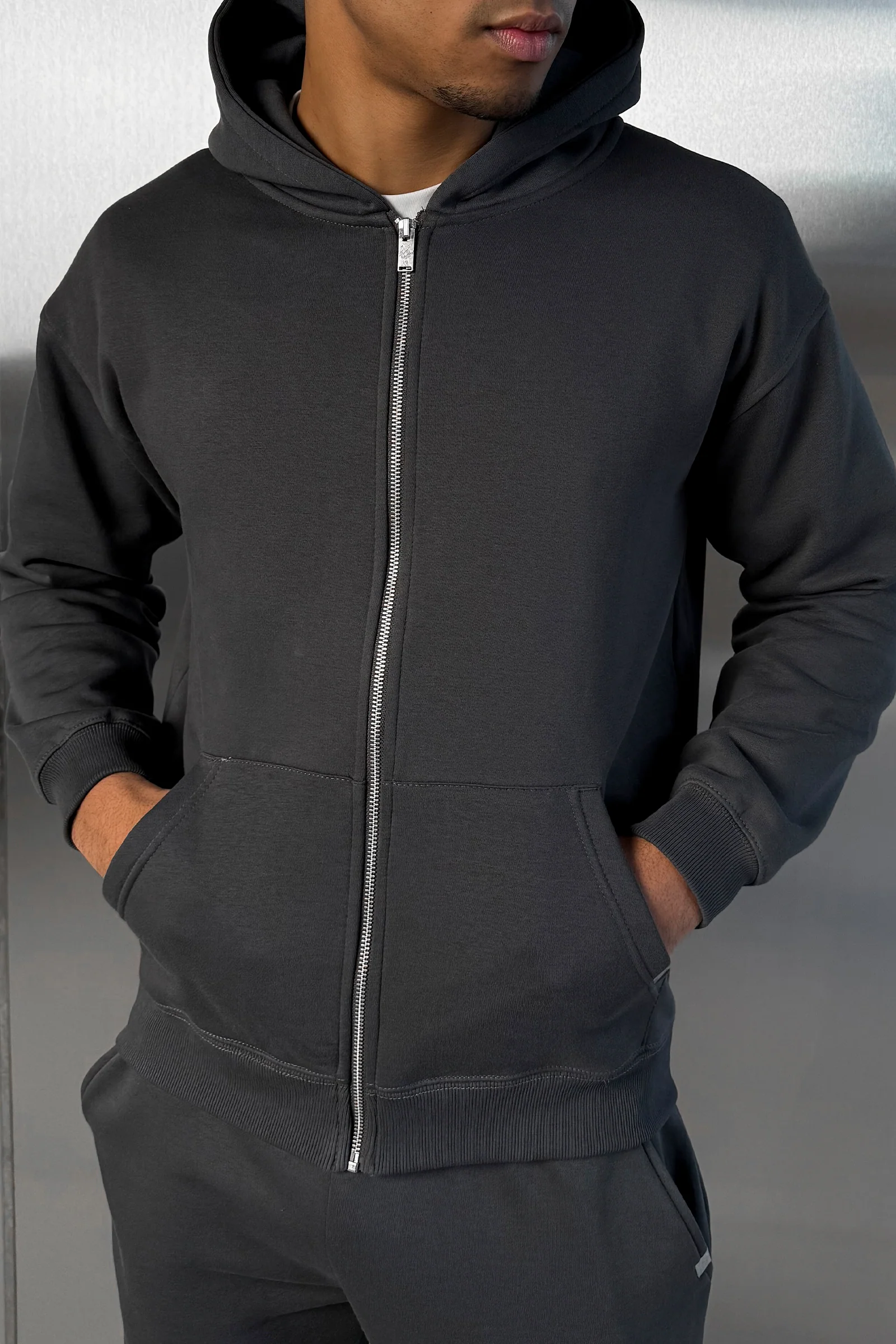 Relaxed Fit Zip Through Hoodie - Charcoal - Image 14