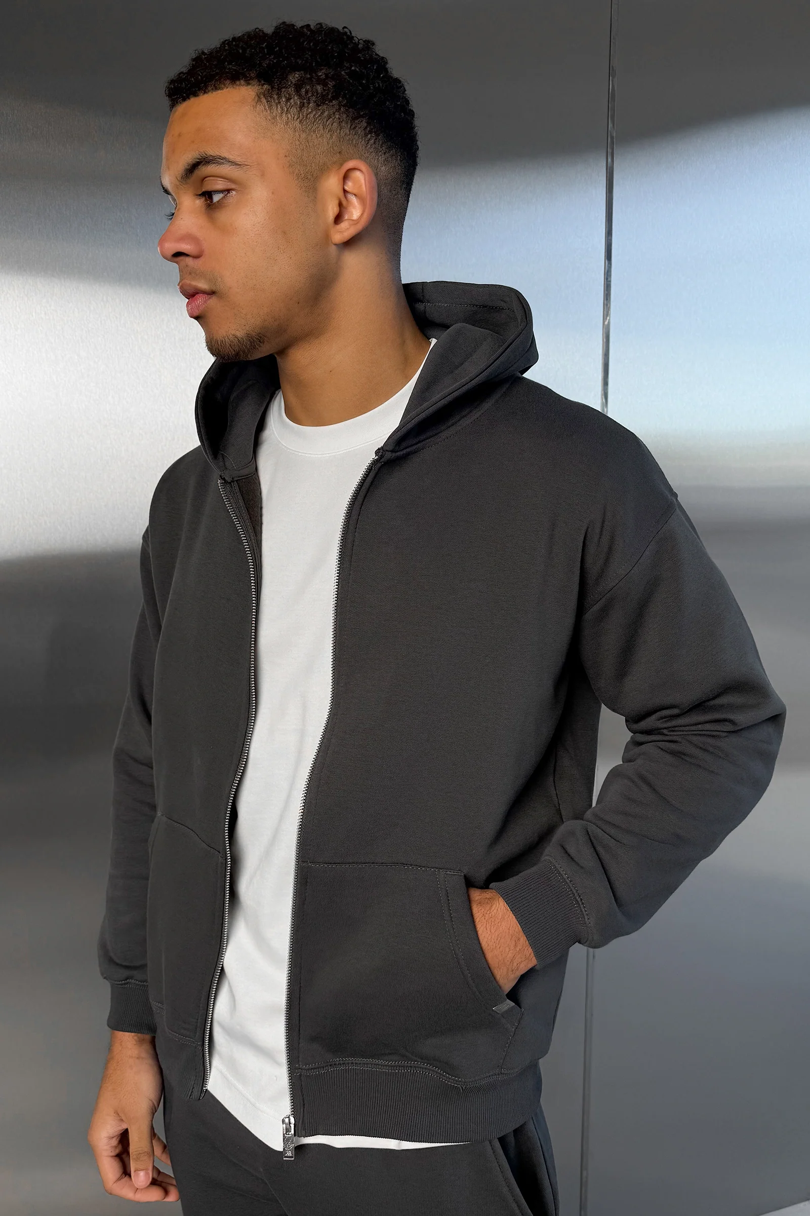 Relaxed Fit Zip Through Hoodie - Charcoal - Image 5