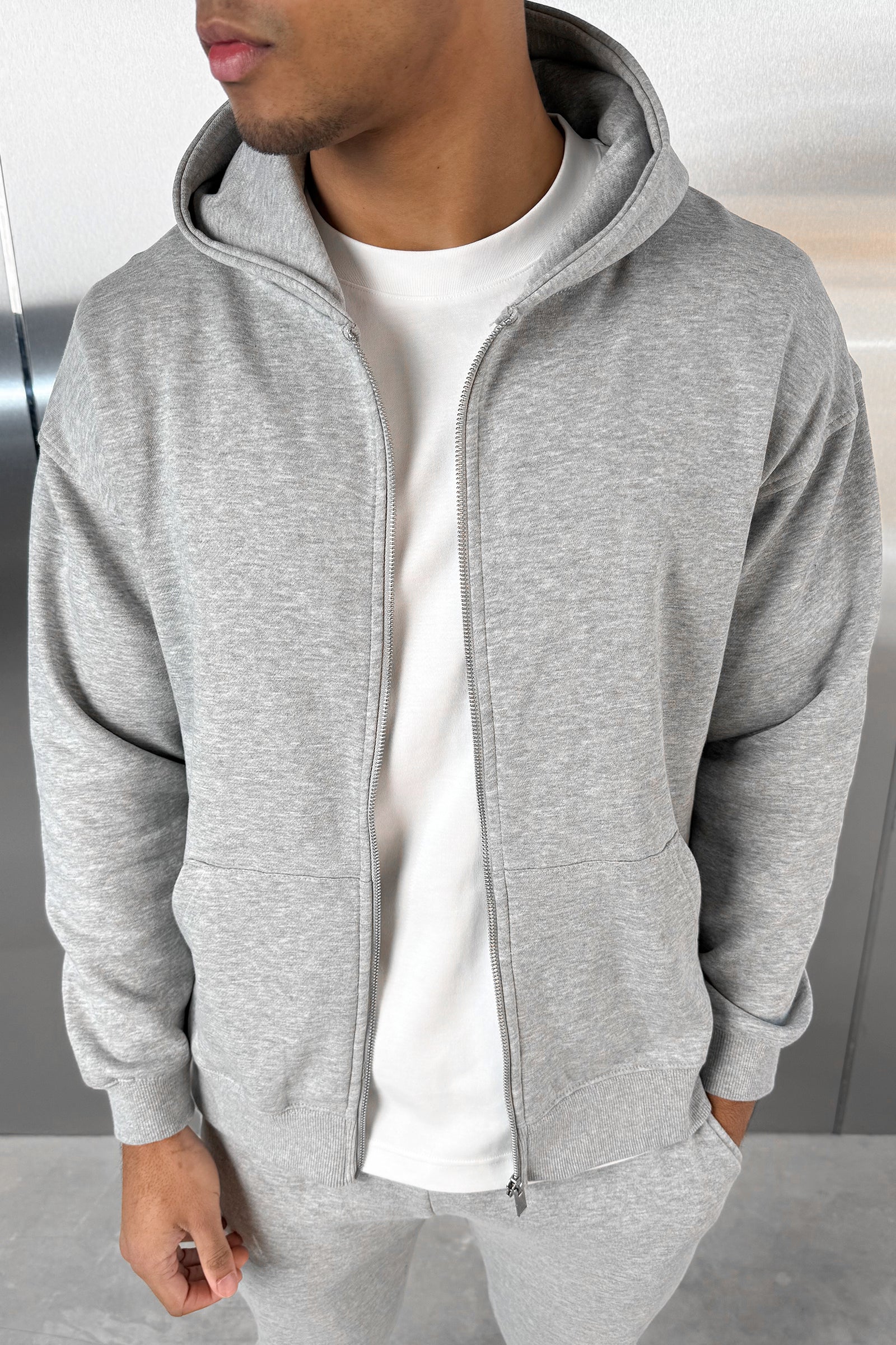 Relaxed Fit Zip Through Hoodie - Grey Marl - Image 10