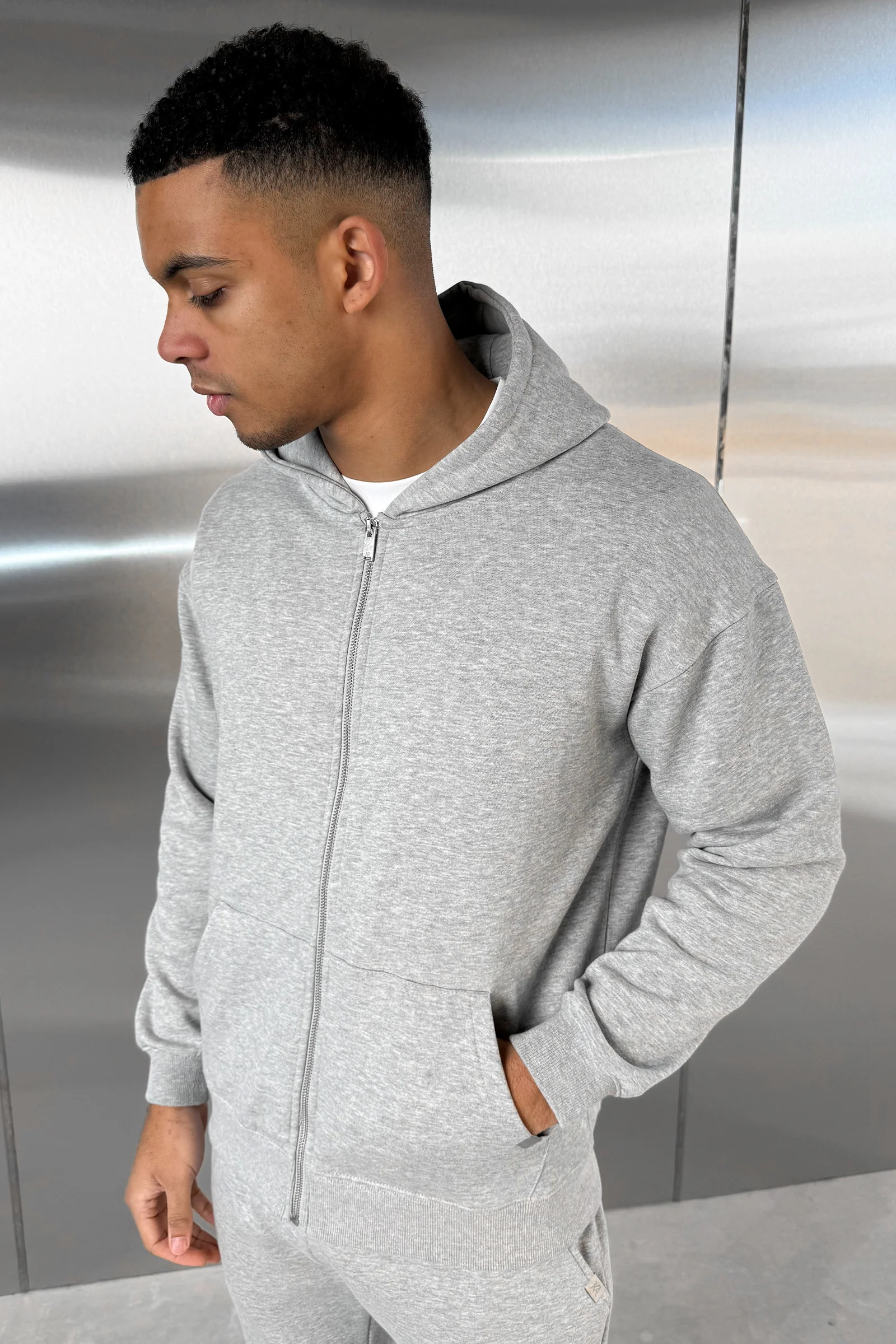 Relaxed Fit Zip Through Hoodie - Grey Marl - Image 15
