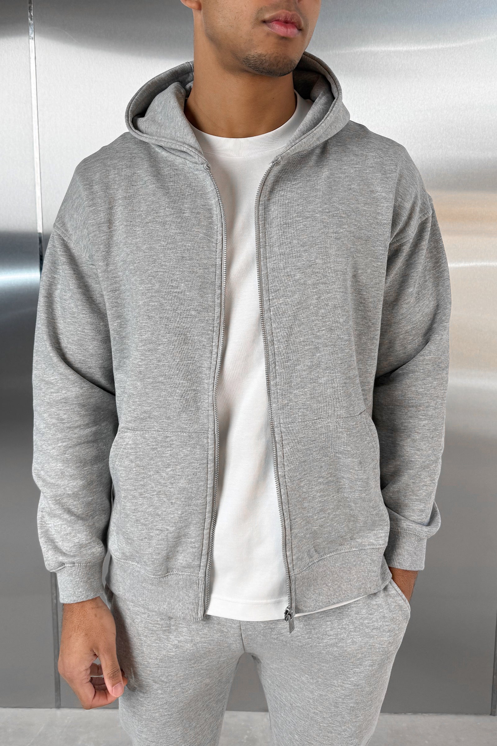 Relaxed Fit Zip Through Hoodie - Grey Marl - Image 4