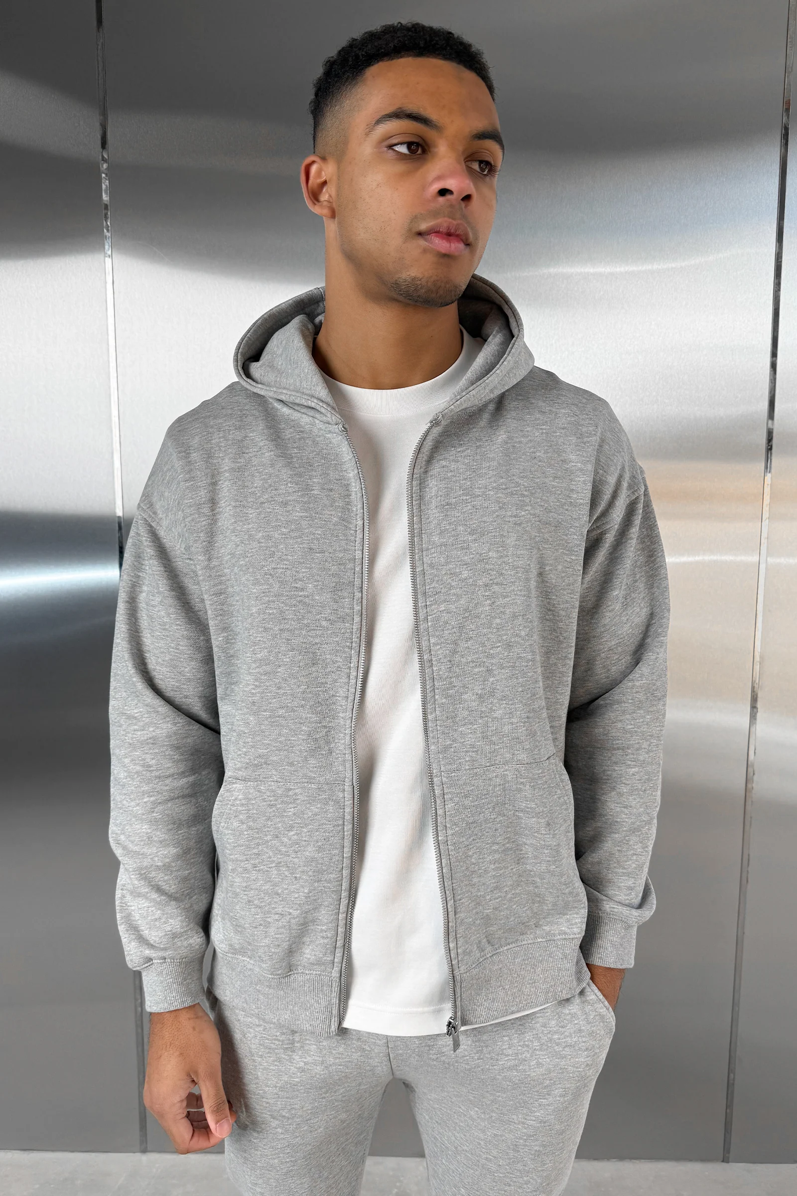 Relaxed Fit Zip Through Hoodie - Grey Marl - Image 5
