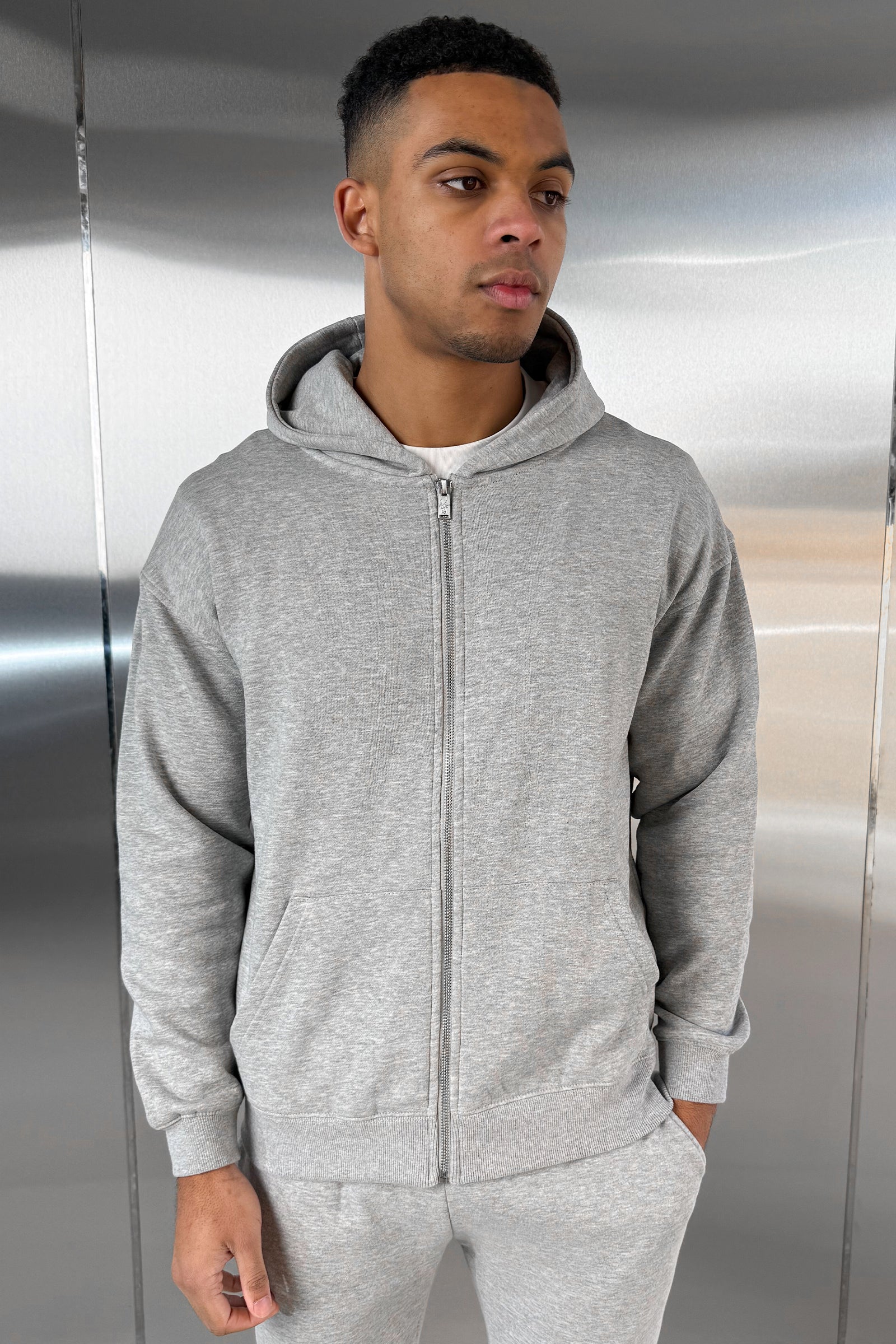 Relaxed Fit Zip Through Hoodie - Grey Marl - Image 7
