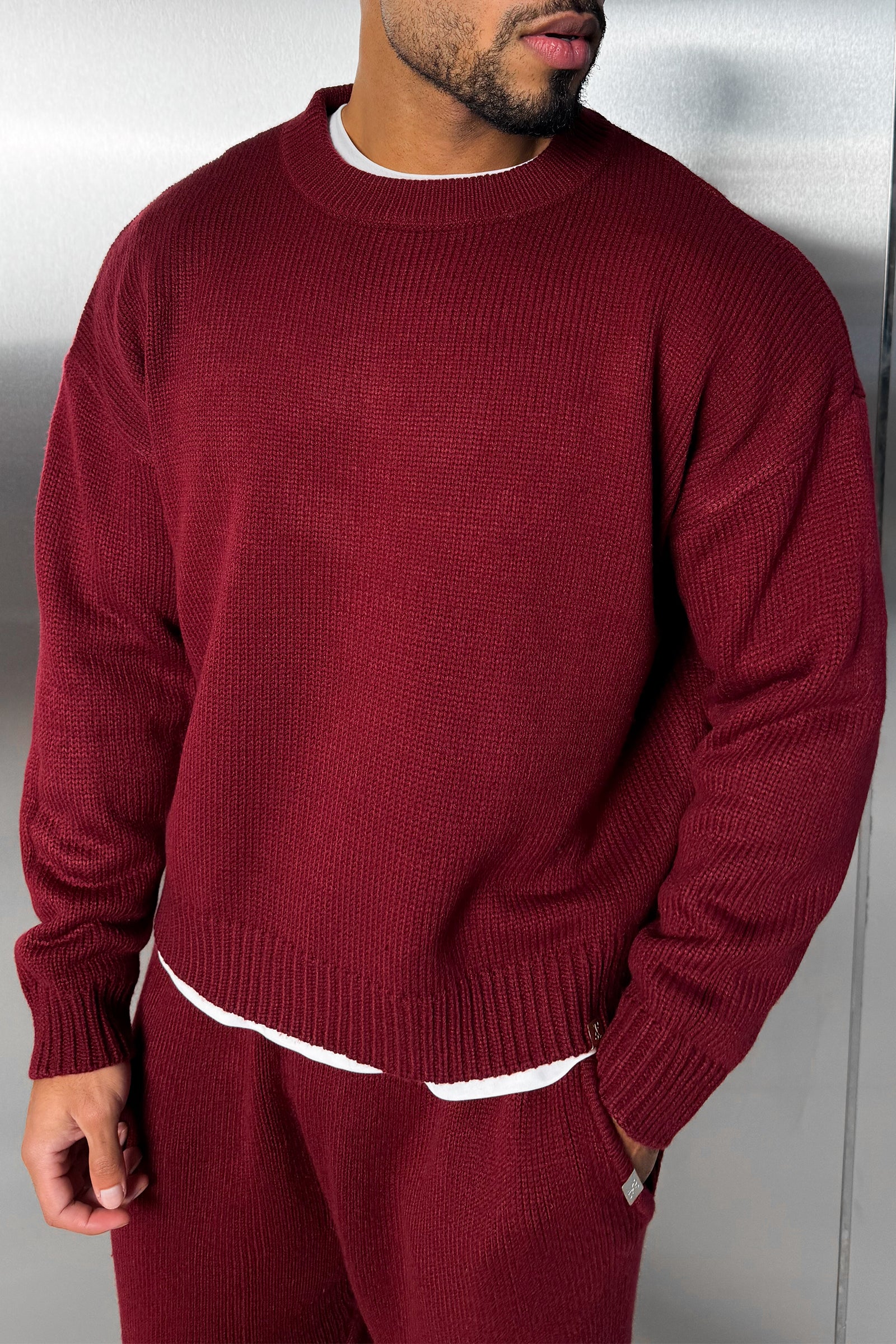 Relaxed Knitted Jogger - Burgundy - Image 4