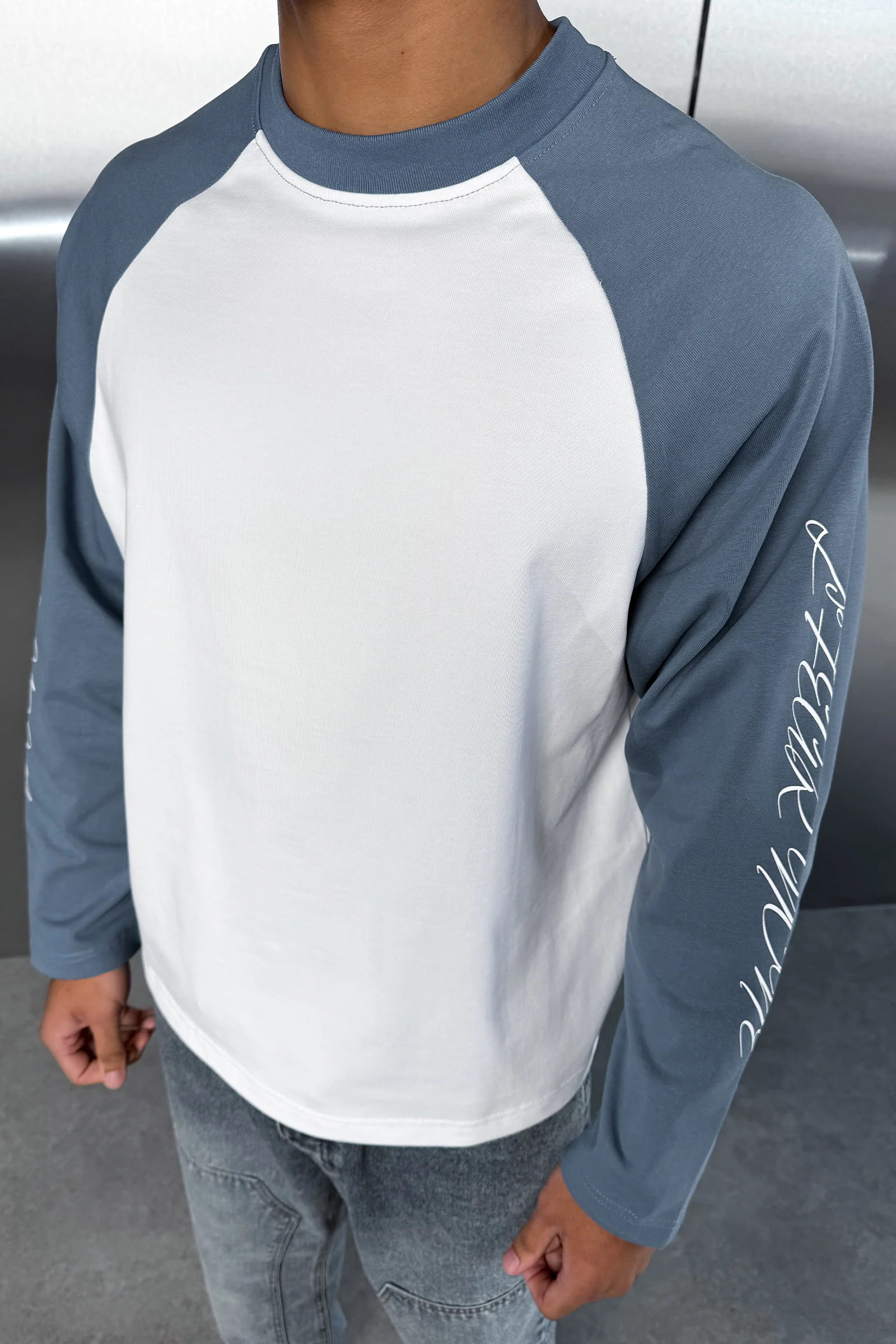 Scripture Raglan Long Sleeve Boxy T-Shirt - Slate Blue/White - Image 11