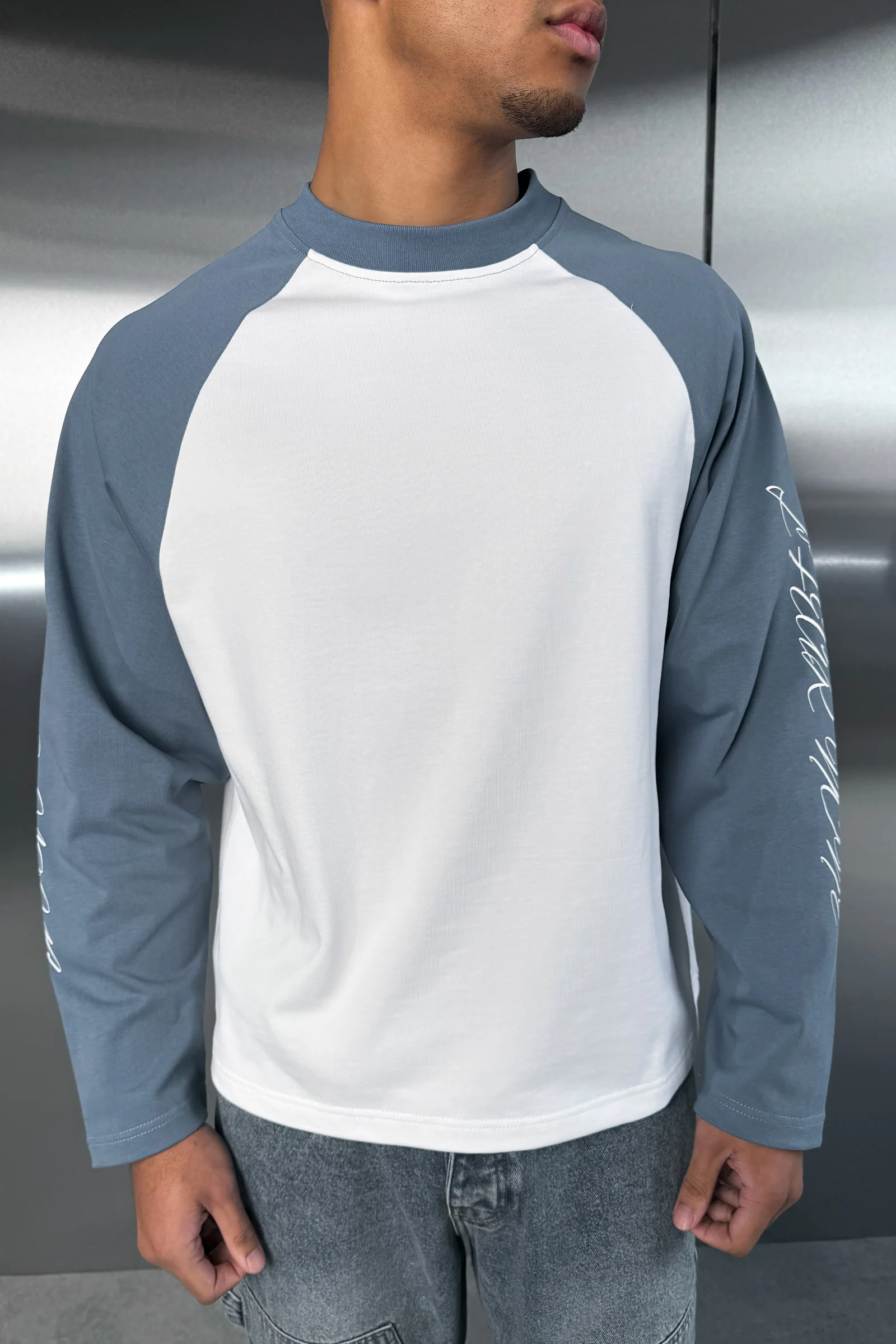 Scripture Raglan Long Sleeve Boxy T-Shirt - Slate Blue/White - Image 4