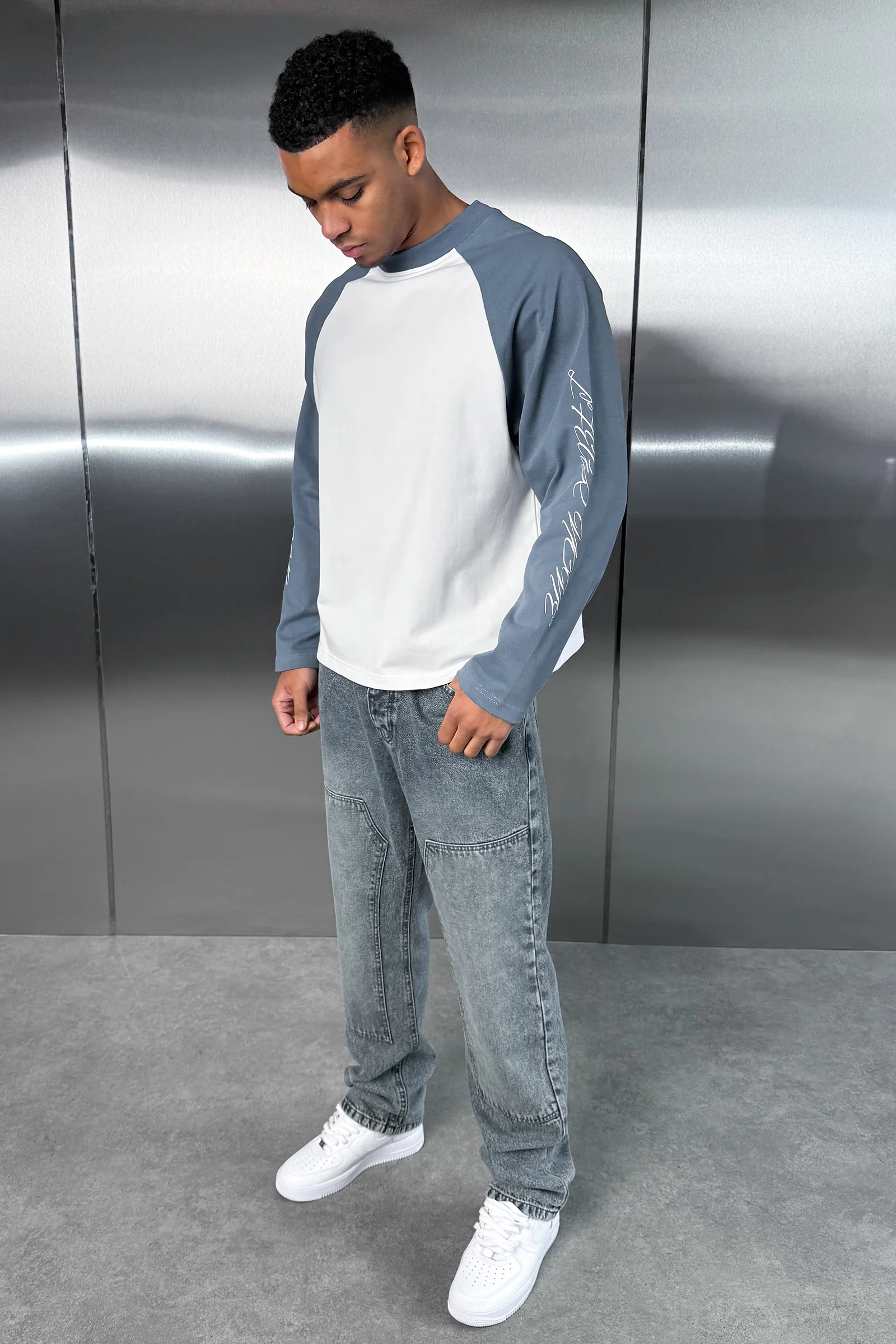 Scripture Raglan Long Sleeve Boxy T-Shirt - Slate Blue/White - Image 7