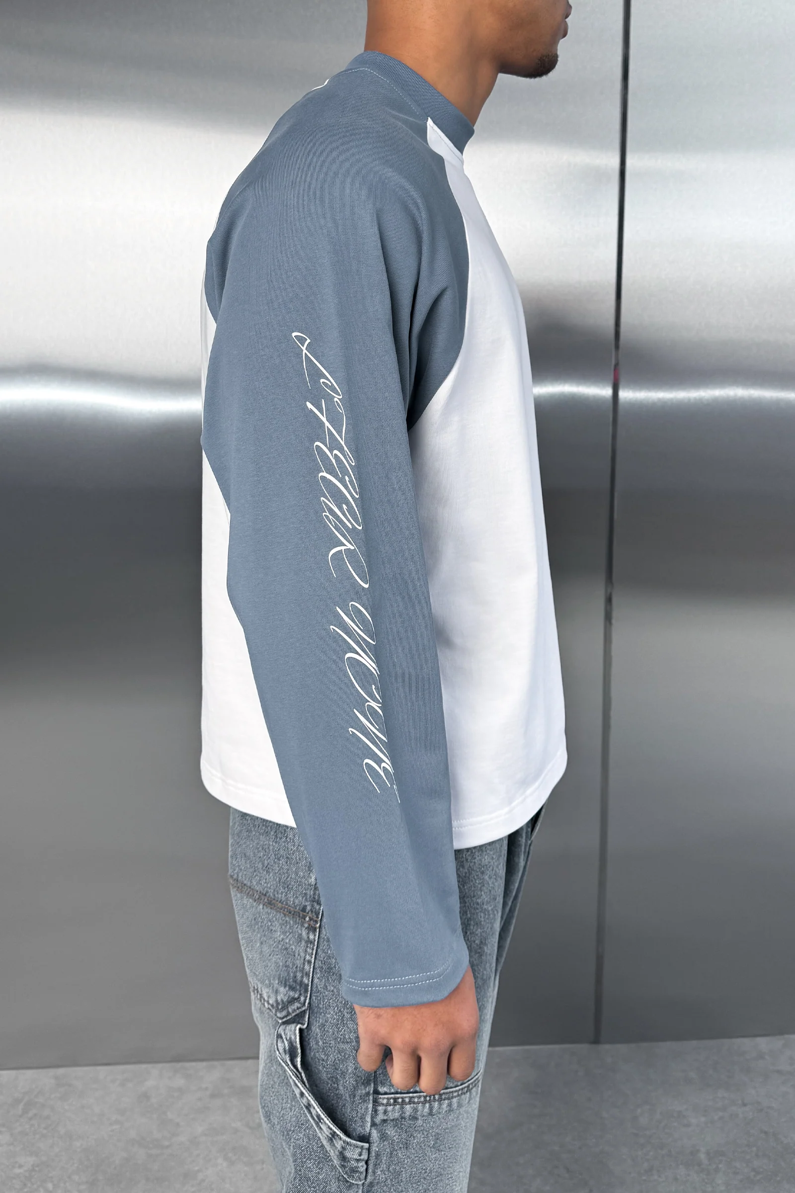 Scripture Raglan Long Sleeve Boxy T-Shirt - Slate Blue/White - Image 9
