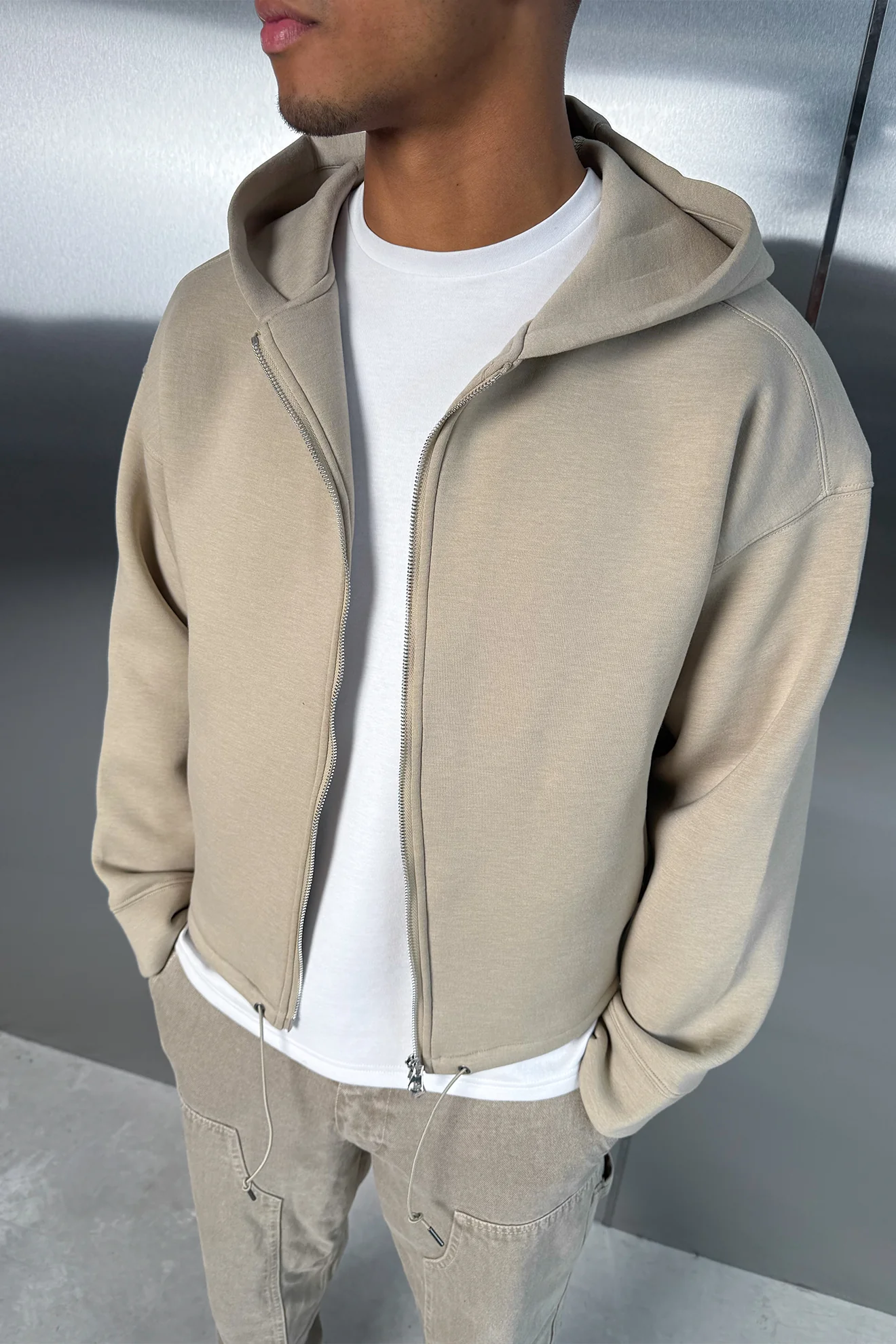 Oversized Boxy Scuba Hoodie - Taupe - Image 6