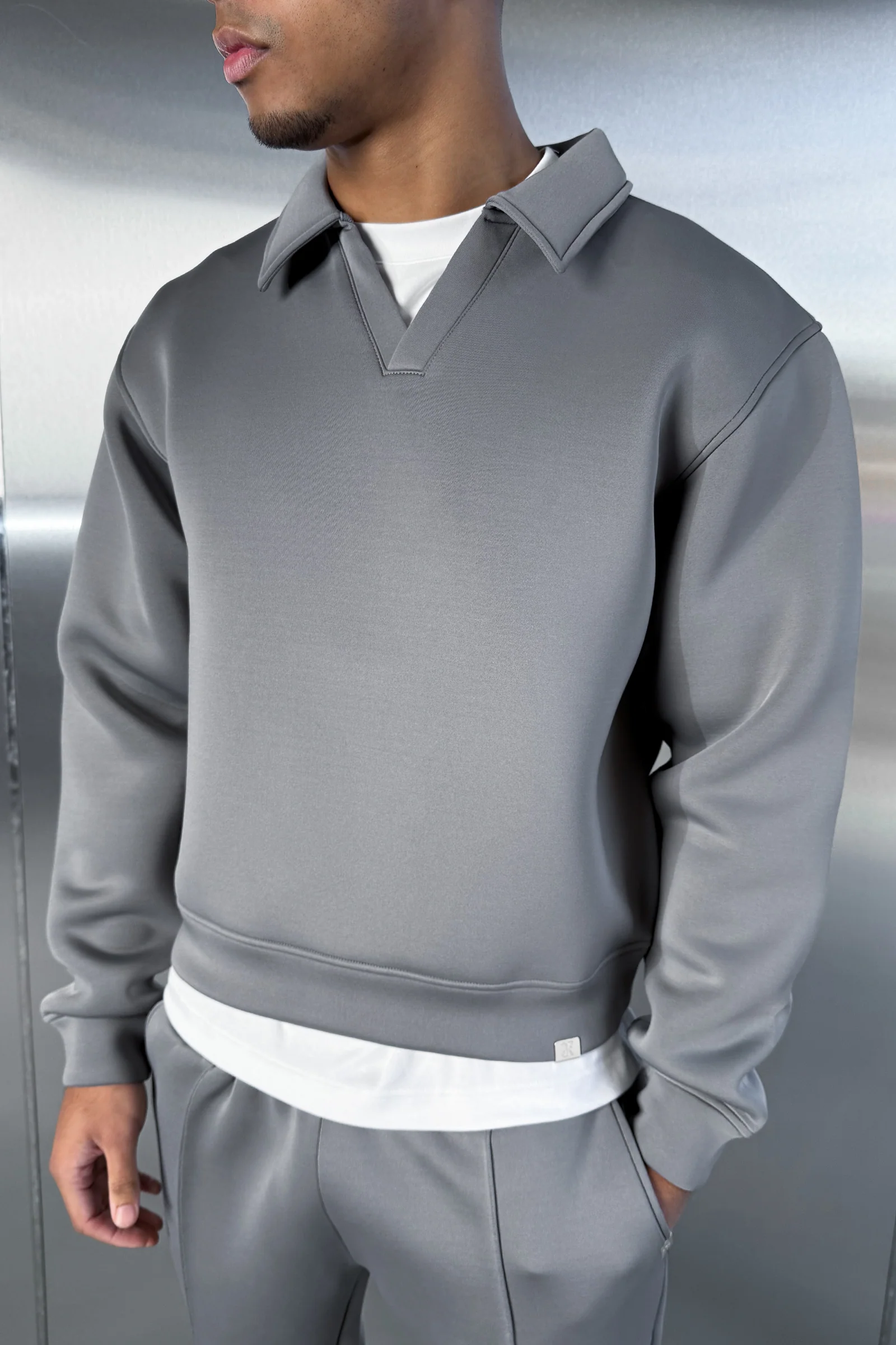Boxy Scuba Polo Sweatshirt - Grey - Image 6