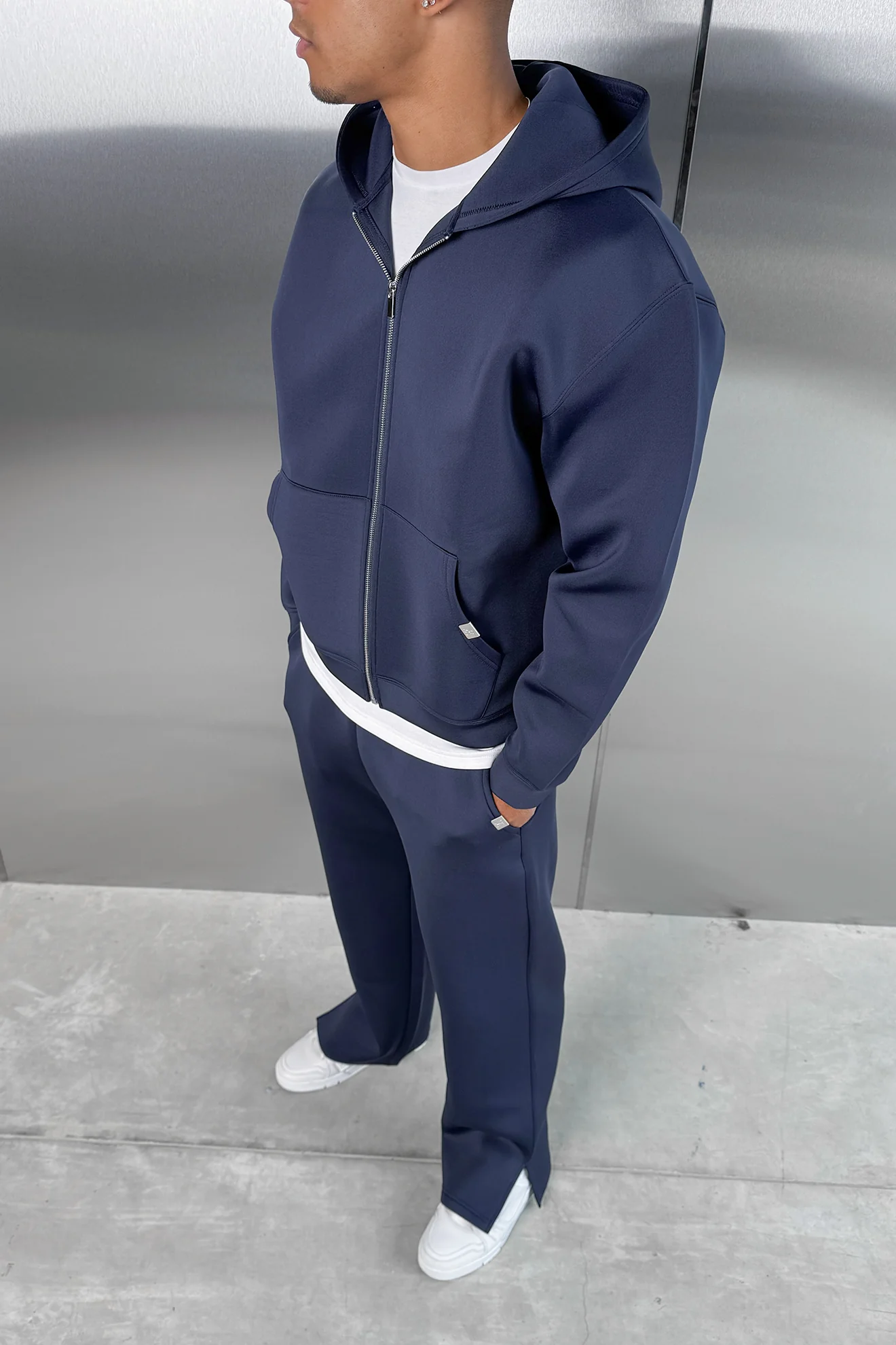 Boxy Scuba Zip Through Hoodie - Navy - Image 4
