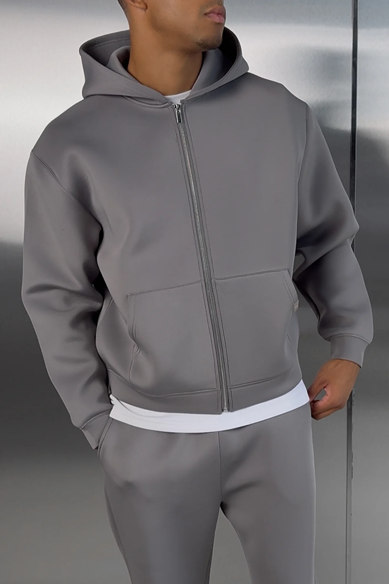 Boxy Scuba Zip Through Hoodie - Grey - Image 3